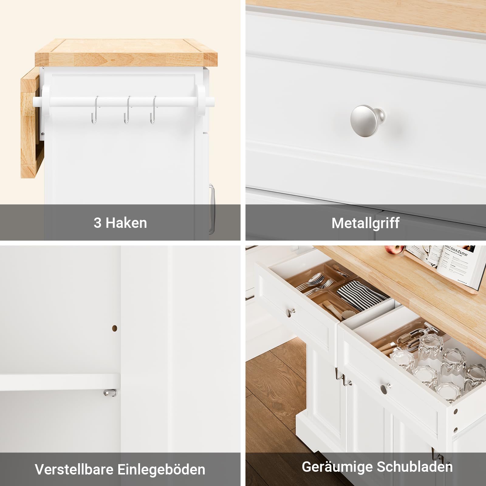 SoBuy Kücheninsel mit Rollen Küchenwagen mit Arbeitsplatte Klappbar Mobile Kücheninsel auf Rollen Kochinsel Freistehend mit Tisch Weiß 115x92x(46-71) cm FKW71-III-WN
