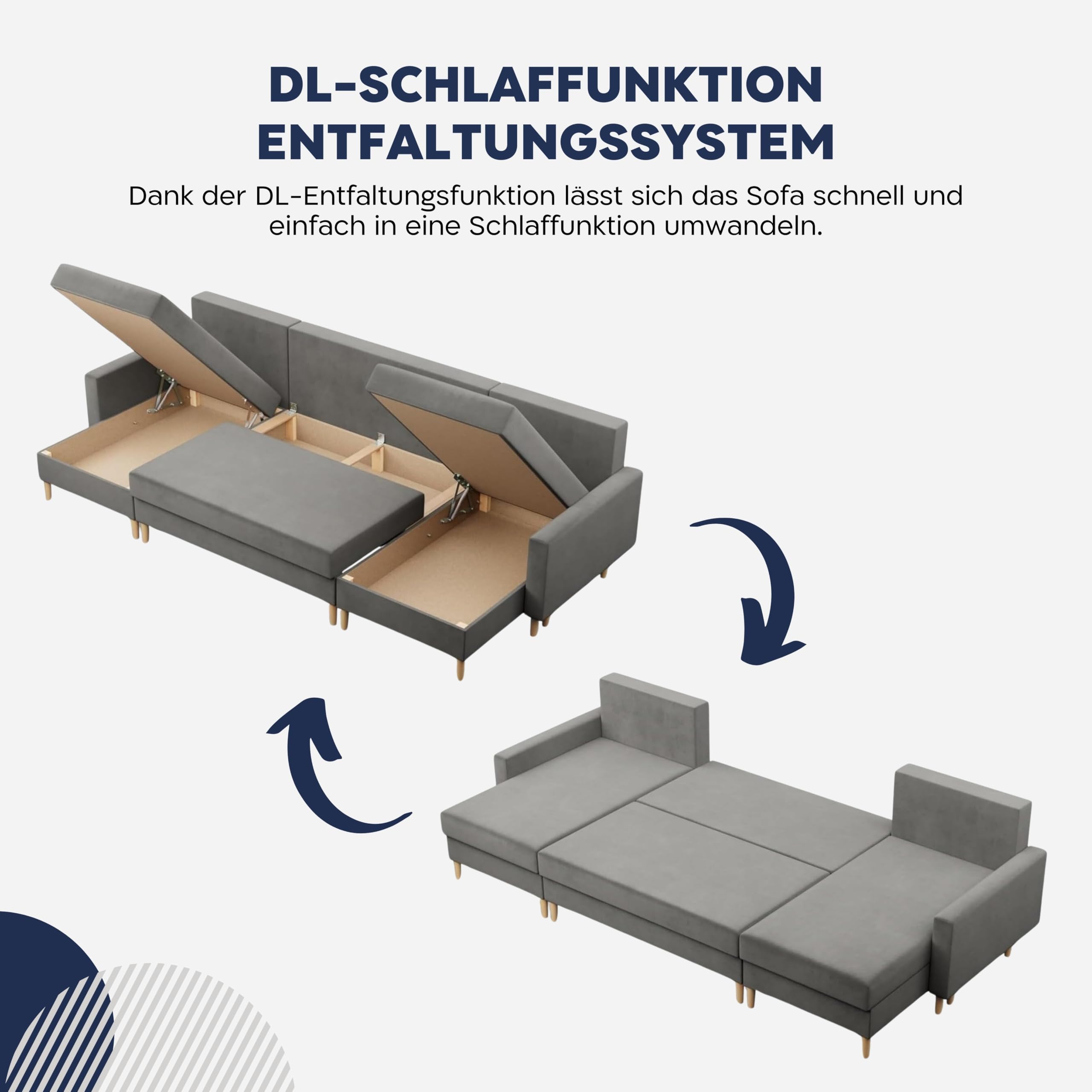 Mebligo - U-Förmige Ecksofa mit Schlaffunktion und Bettkasten BLANK, Couch U Form 294x88x140 cm, Klappsofa mit Schlaffunktion, Wohnzimmer Eckcouch mit Bettfunktion - Ecksofa Grau