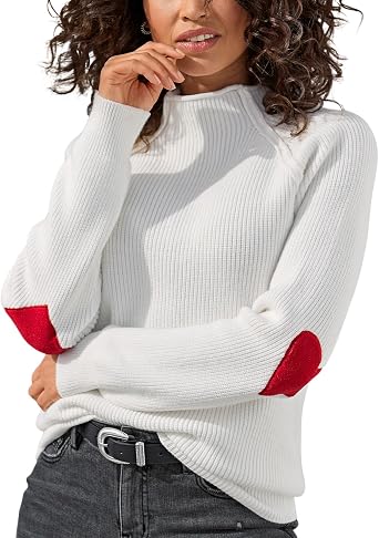 LASCANA Women's Heart Elbow Patch Valentine's Sweater Loose Fit, Ribbed Knit, High Neckline