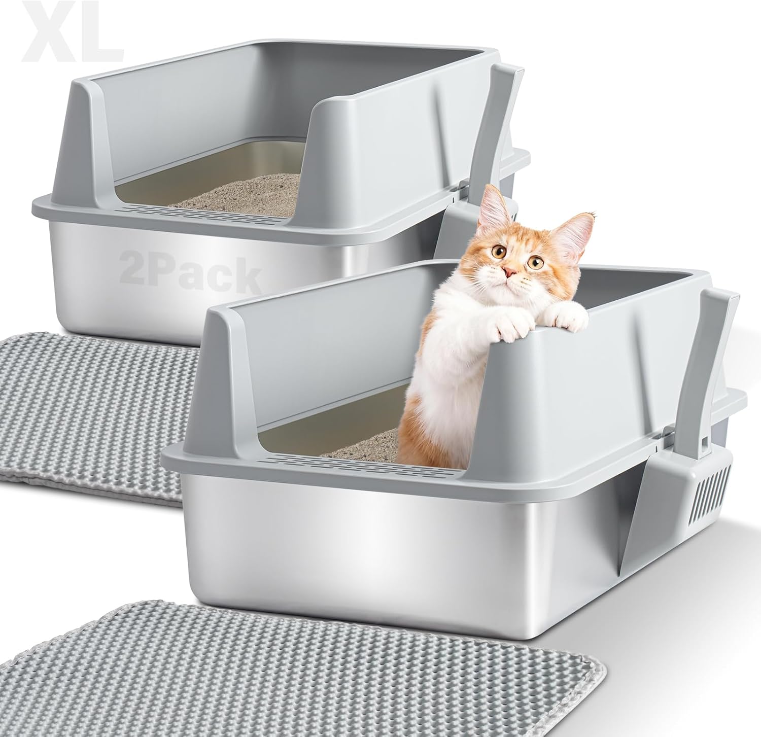 2 Pack Stainless Steel Litter Box,XL Metal Cat Litter Box with Lid High Sides,Extra Large Litter Box for Big Cats,Odor-Resistant, Scratch-Proof, Easy to Clean,Scoop &Mat Included