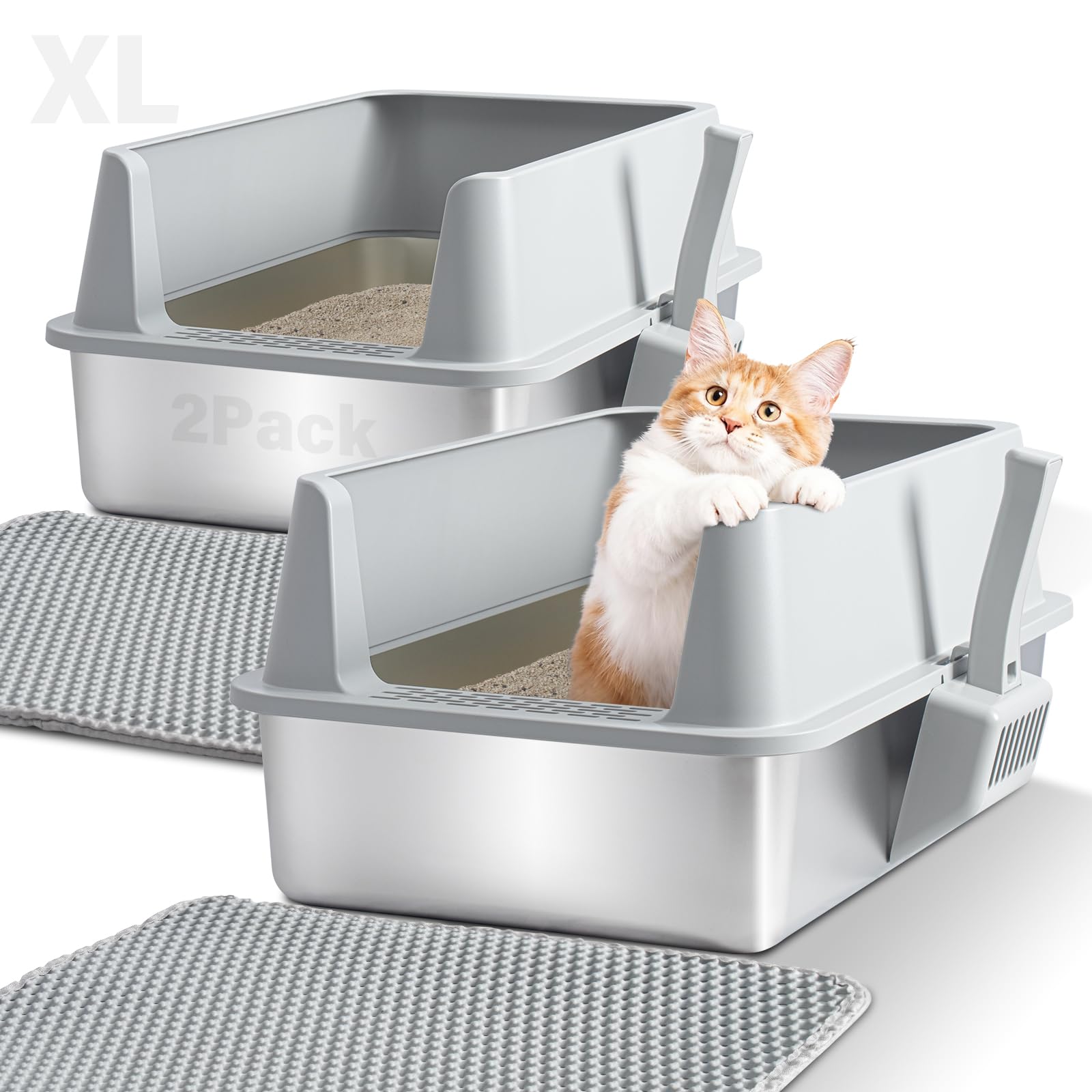 2 Pack Stainless Steel Litter Box,XL Metal Cat Litter Box with Lid High Sides,Extra Large Litter Box for Big Cats,Odor-Resistant, Scratch-Proof, Easy to Clean,Scoop &Mat Included