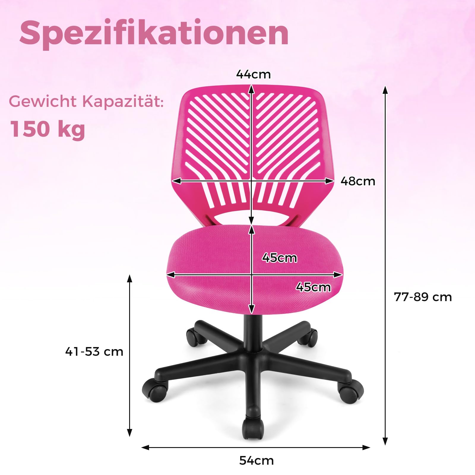 COSTWAY Krzesło do biurka dla dzieci, krzesło obrotowe bez podłokietników, krzesło obrotowe dla dzieci, z regulacją wysokości, krzesło biurowe dla dzieci, krzesło obrotowe, bez podłokietników (różowe)