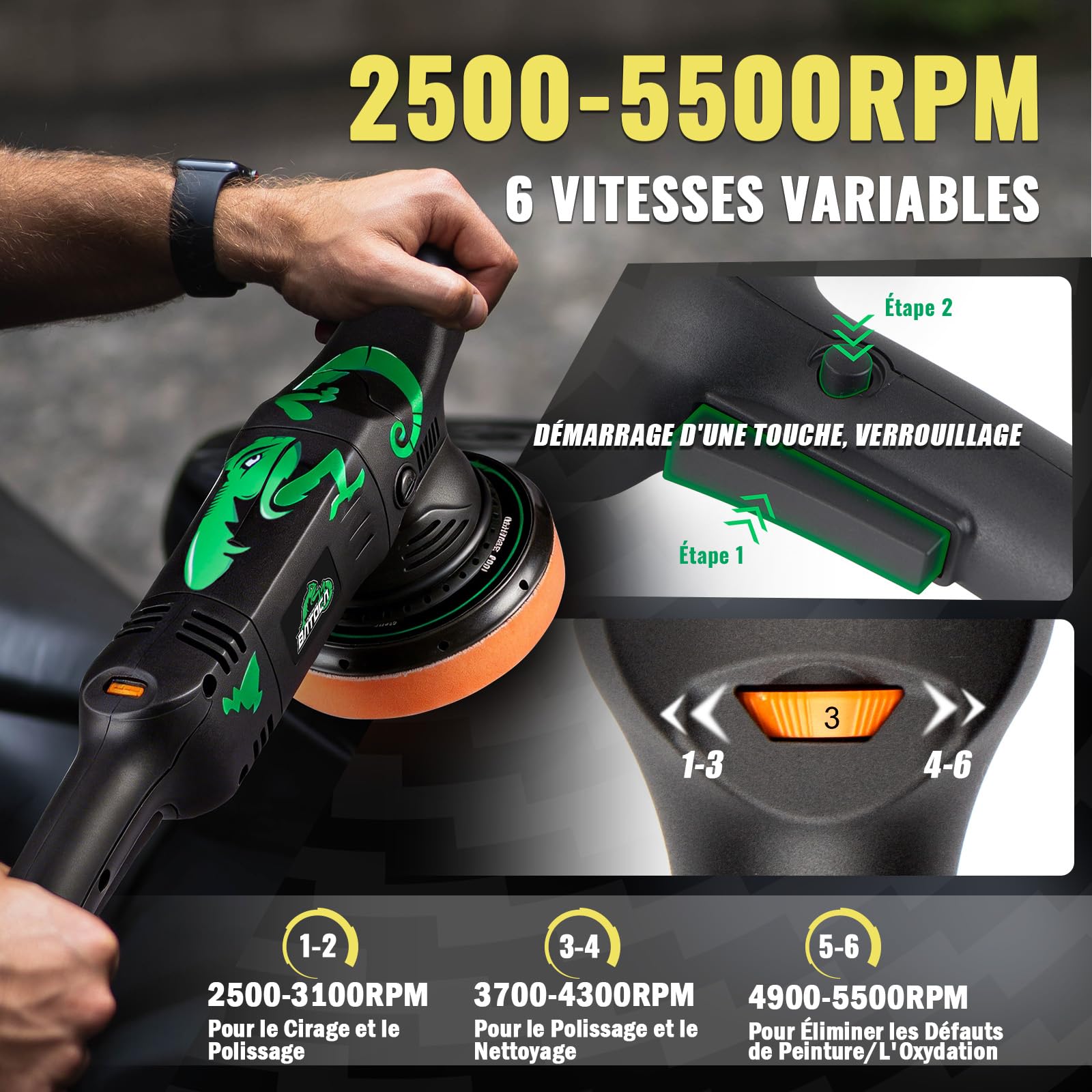 BATOCA T1 1100W Polisseuse Orbitale 15mm,150mm/125mm Polissage Voiture Set | Excentrique Polisseur,2500-5500RPM,Machine à Polir,Ponceuse,Cireuse,Entretien Peinture Auto,Nettoyer les rayures,Cirage