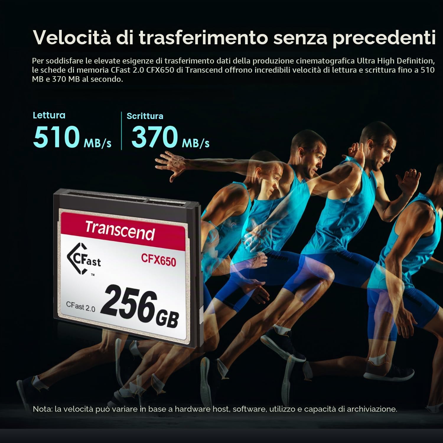 Transcend Scheda CFast 2.0 da 128 GB CFX650 SATA III 6 Gb/s, fino a 510/370 MB/s, progettata per cinematografia professionale in video ad alta risoluzione, Full HD e 4K - TS128GCFX650
