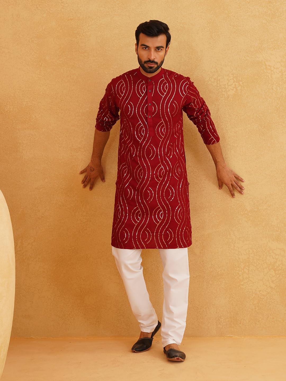 Sojanya (Since 1958 Men's Pure Cotton Maroon Designer Kurta And White Churidar Pyjama Set