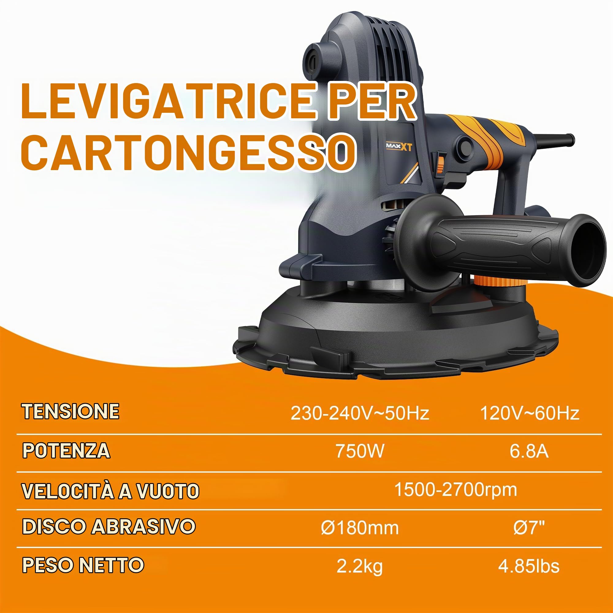 MAXXT Levigatrice manuale per cartongesso, 1500-2700 giri/min, velocità variabile, 750 W, levigatrice elettrica per pareti, aspirazione regolabile