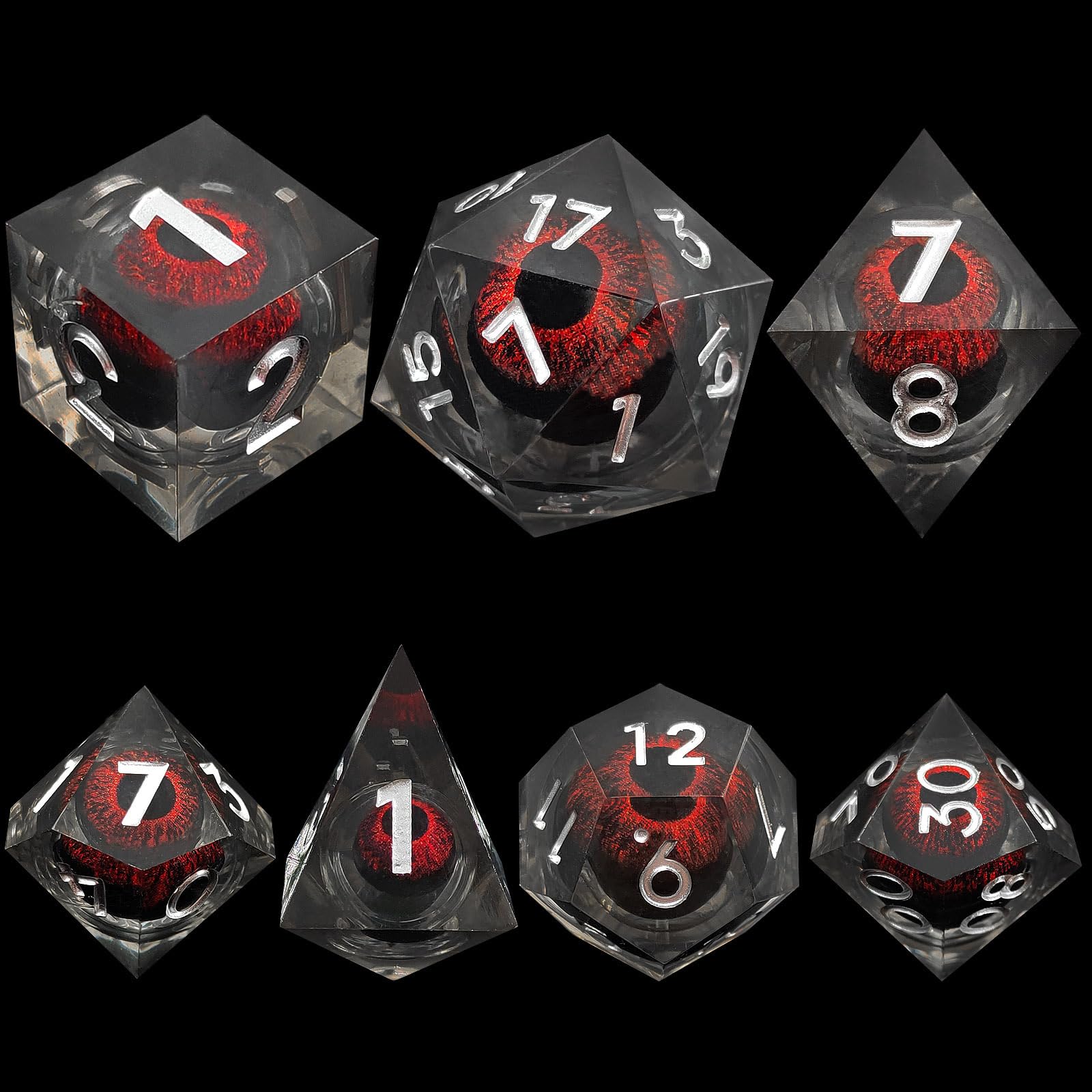 ORUZA 7 PCS Dragon Eye DND Dice Liquid Core D&D Dice Resin Sharp Edge Polyhedral D&D Dice Set for Dungeons and Dragons Role Playing Die D20 D12 D10 D8 D6 D4 D%