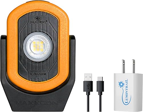 MAXXEON Cyclops - Luz de trabajo recargable LED de 720 lúmenes, luz mecánica, base magnética, luz giratoria de rotación de 360 grados, con un