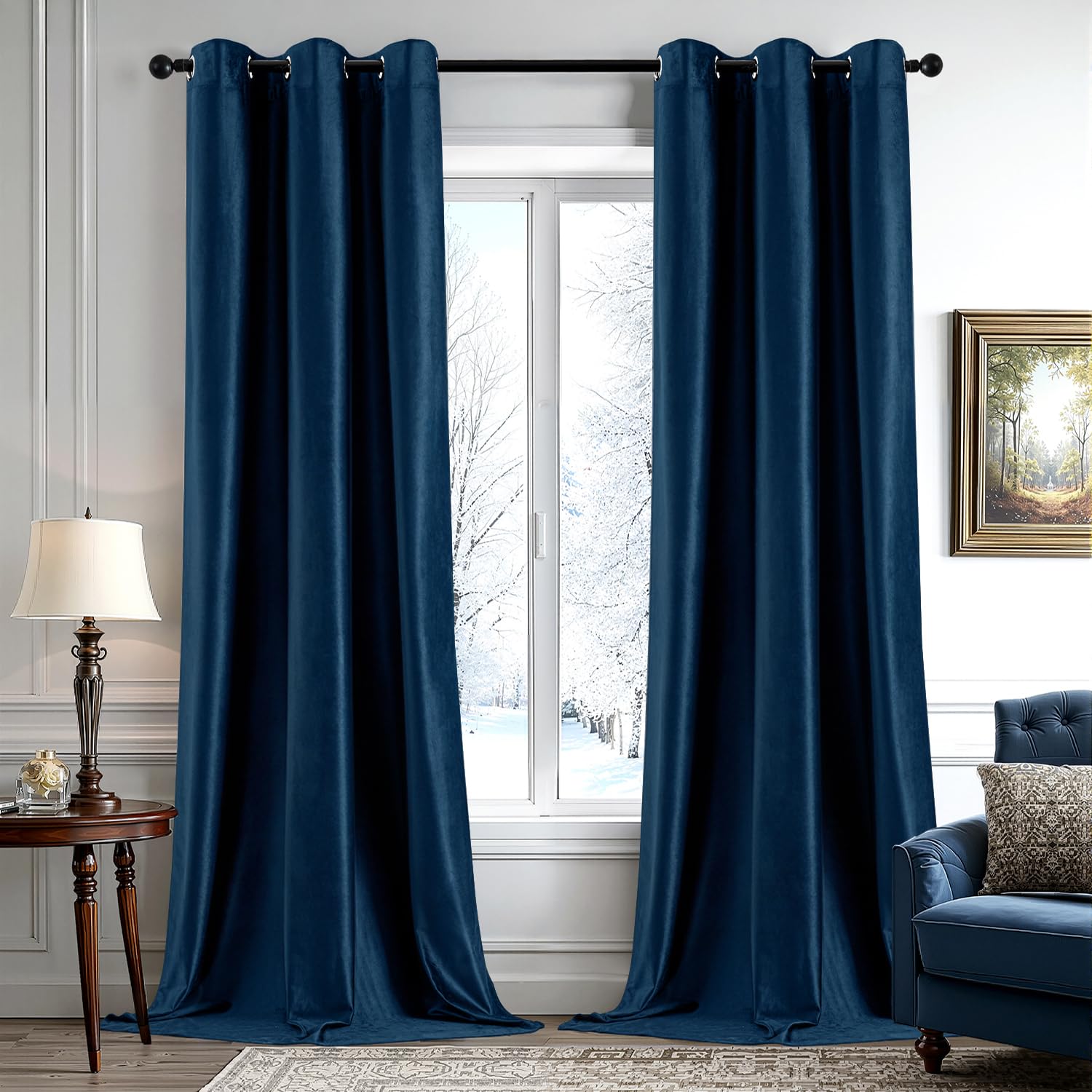 ANRODUO Navy Blue Velvet Curtains 96 Inches Long Blackout Thermal Insulated Soundproof Curtain Privacy Room Darkening Curtains Grommet Window Drapes for Bedroom Living Room 42 x 96 Inch Set of 2