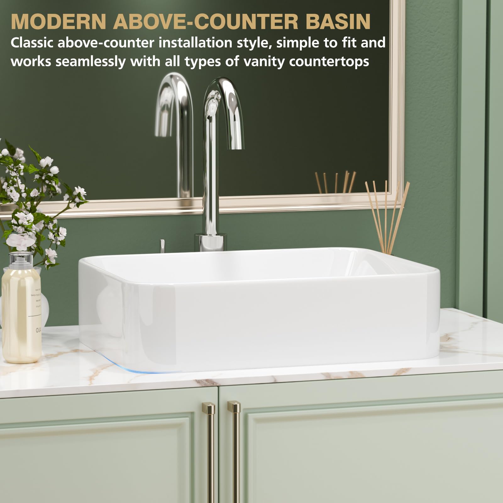 Sarlai Fregadero de cerámica para cuarto de baño, moderno, pequeño, compacto, de porcelana, sobre encimera, diseño clásico, color blanco brillante, rectangular, 485 x 380 x 130 mm