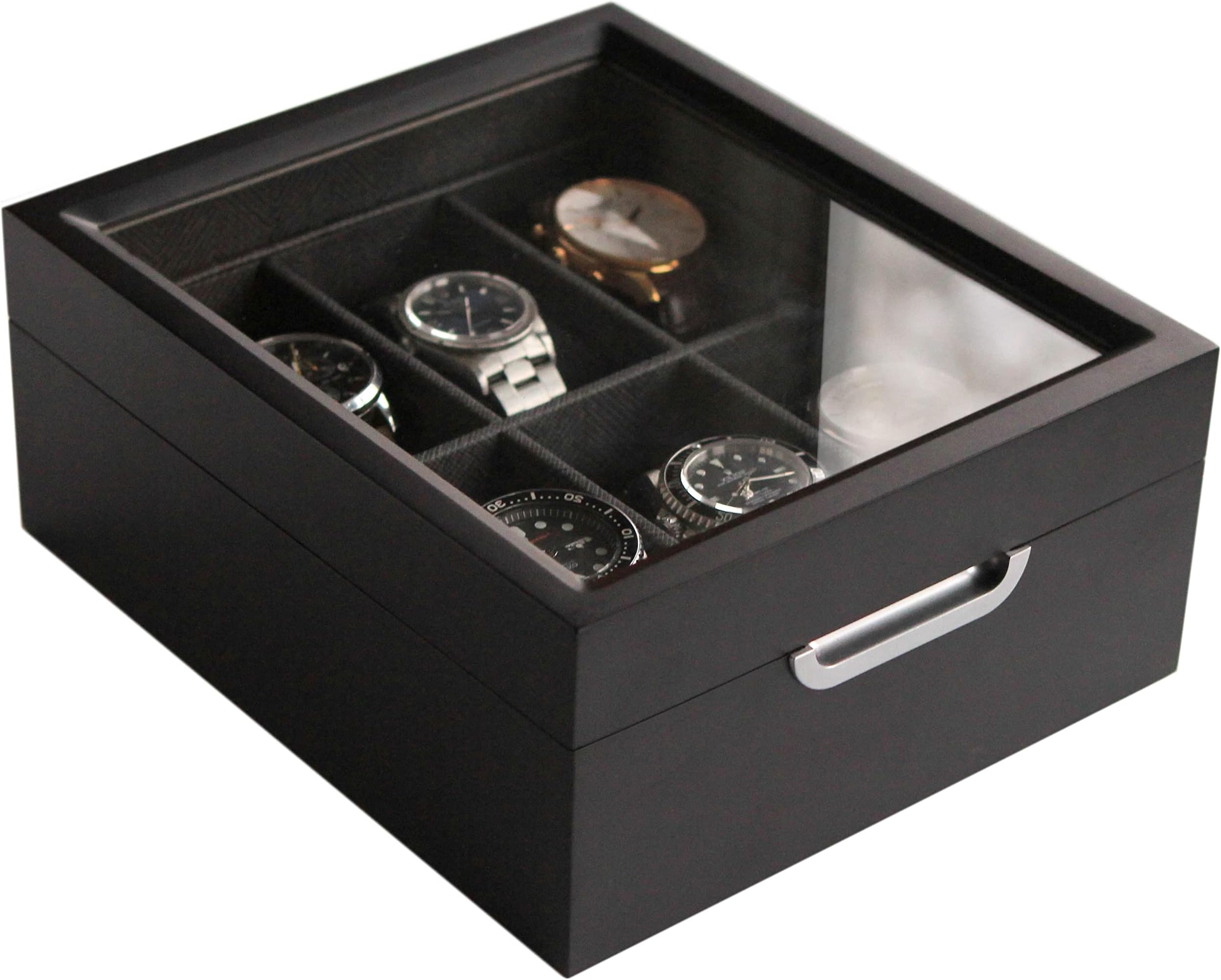 Watch Box Modern 2x3 Black Finish with Custom Aluminum Handle 6-Slot with Real Glass