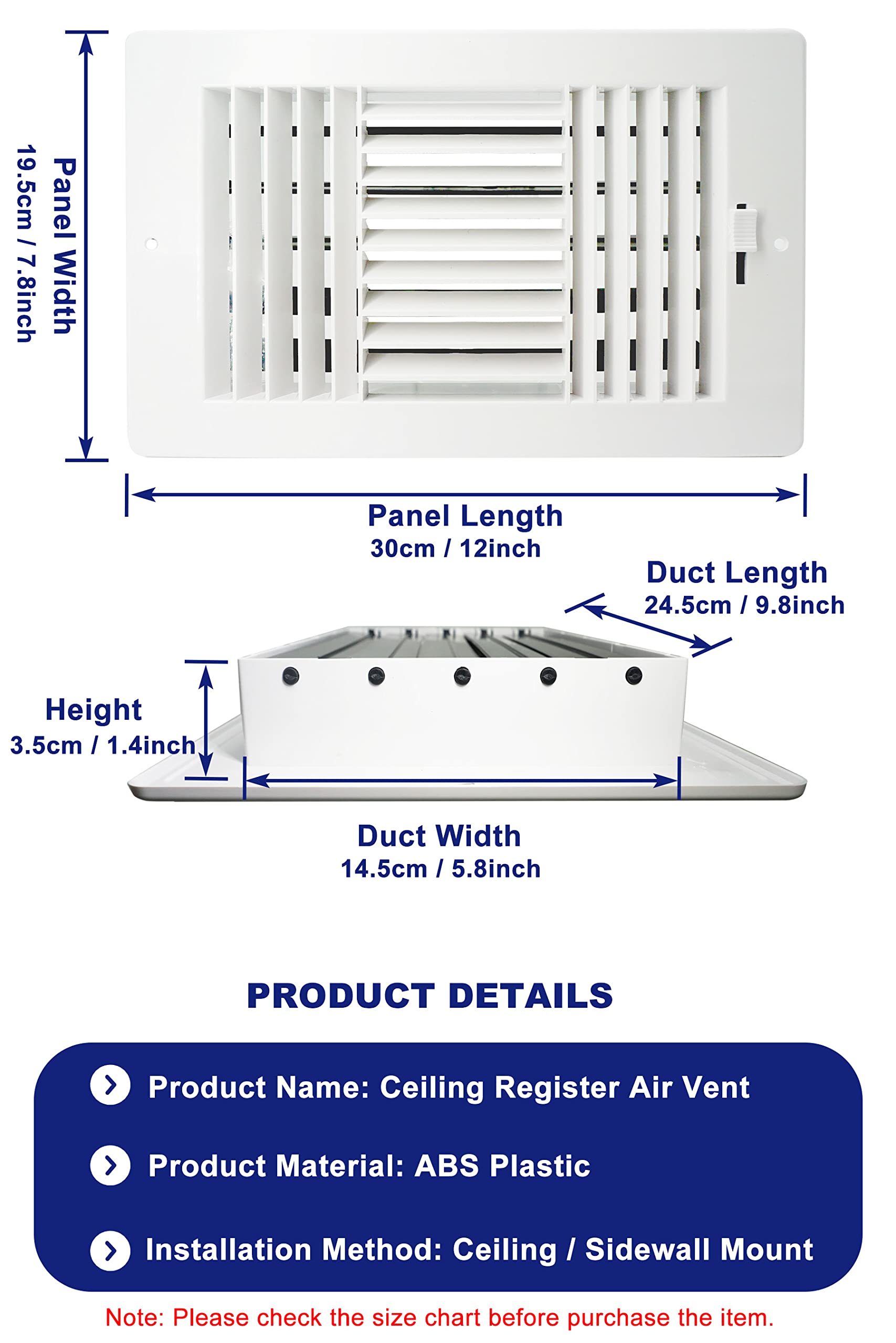 2PCS Ceiling Register, LouanXpert ABS Sidewall Ceiling Air Vent Cover with  Manual Adjuster for Bathroom, Toilet, Garage (10x6 Inch-Duct Opening) -  Amazon.com