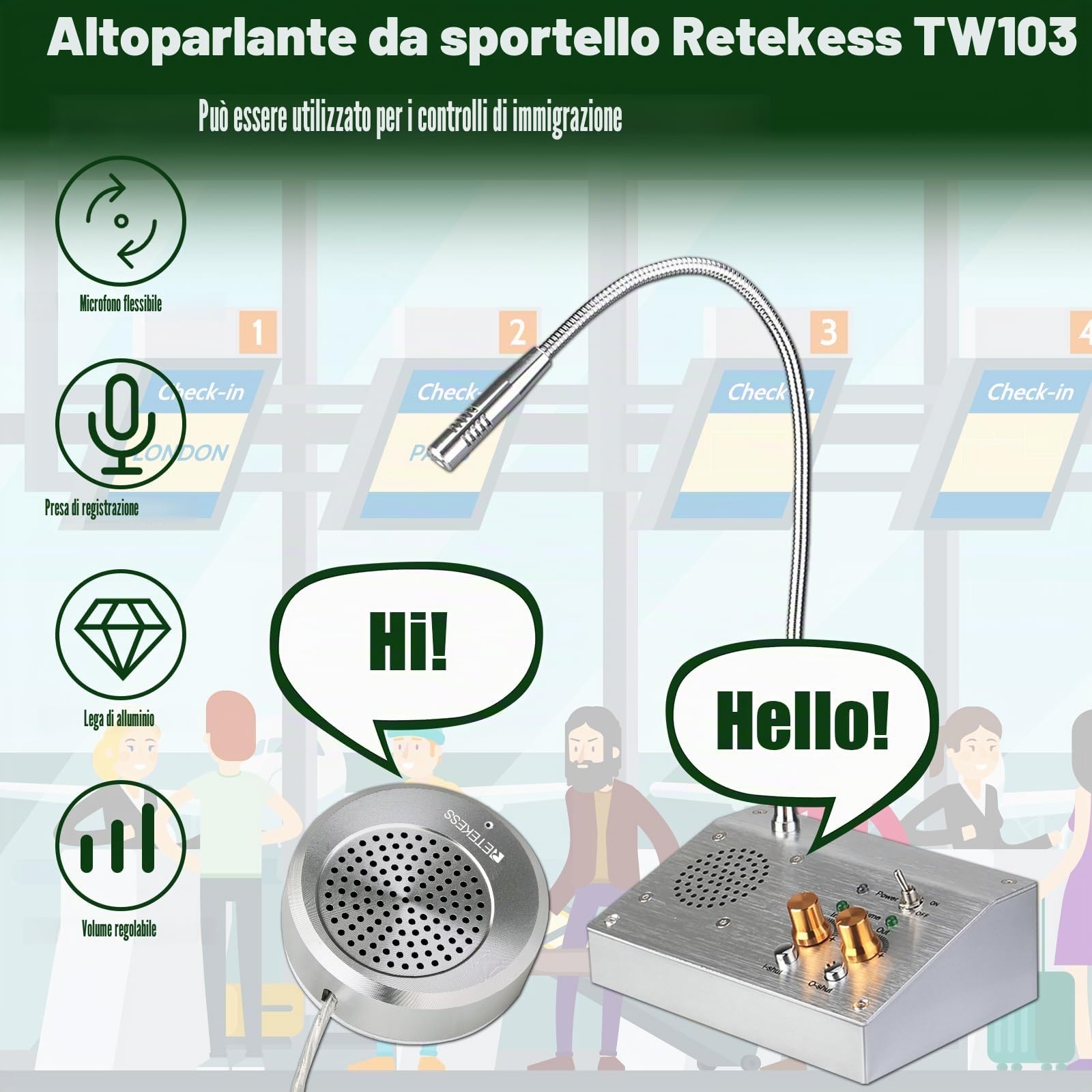 Retekess TW103 Sistema di Altoparlanti Finestre Sistema di Interfono Bancario 2W Microfono per Finestre a Doppie Vie per Banca, Punti di Controllo dell'immigrazione, Ufficiale, Negozio