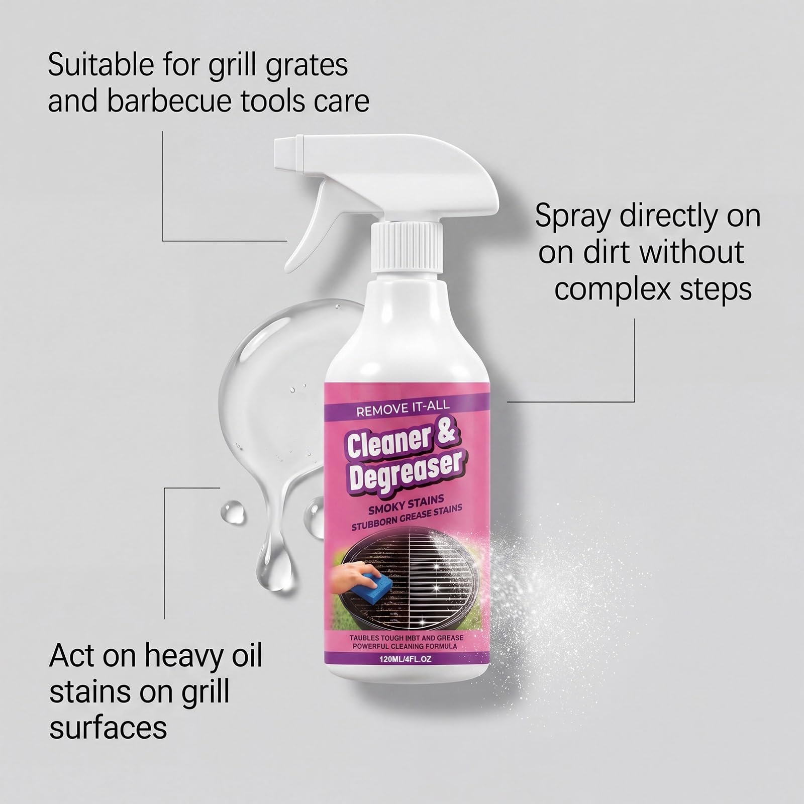Spray detergente per griglia e griglia, ad azione rapida, sgrassatore spray multiuso, per forno, stufa, friggitrice ad aria esterna, 120 ml (5 pezzi)