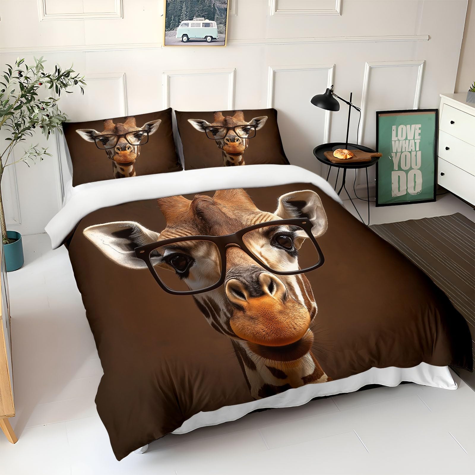 Marrón Funda Nordica Cama 90 de 3 Piezas Jirafa Animal Juego de Funda Nordica 150x200 cm Suave Transpirable y 2 x Fundas de Almohada de 50x75 para Ropa de Cama Infantil Niño Chico Niña