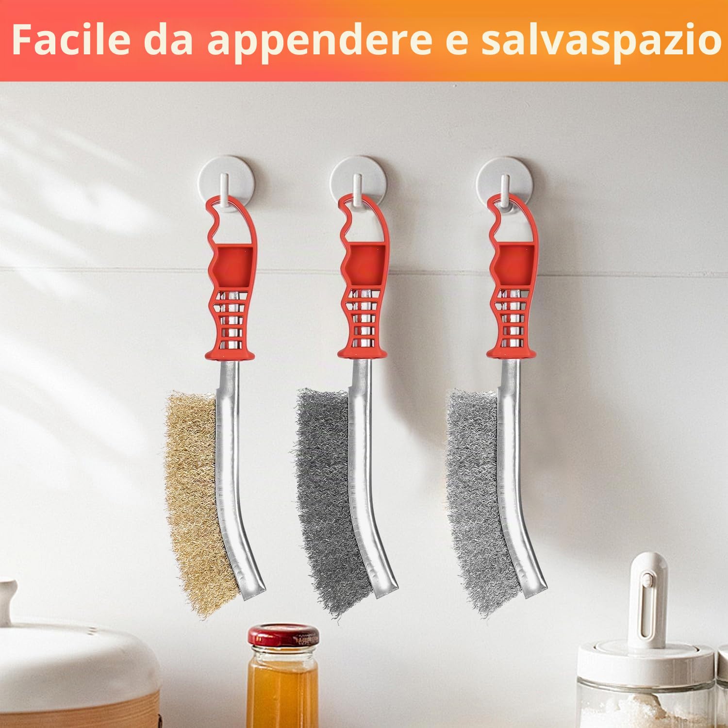 3 Pezzi Spazzola Acciaio Set in Acciaio Inox E Ottone E Nylon E Acciaio al Carbonio, Spazzola Metallica con Manico in Plastica, Spazzola di Ferro per Pulizia Vernice, Polvere, Legno, Togli Ruggine