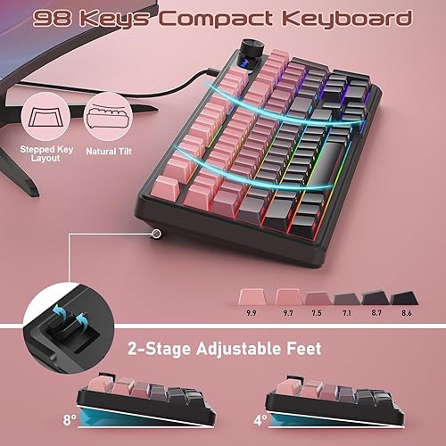 Miniatura 3 de BlueFinger Teclado RGB para juegos, teclado USB con cable de 98 teclas con retroiluminación arcoíris, perilla de volumen y pantalla, escritura
