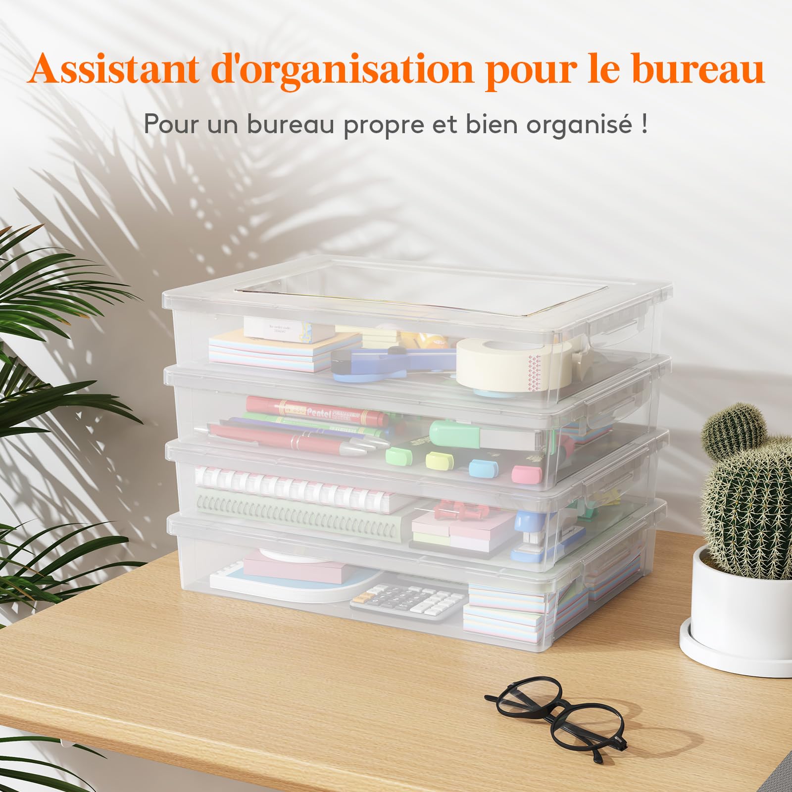 Lifewit Boite de Rangement A4 avec Couvercle, 5L Boite Rangement Document Papier, Boite Archives Carton Plastique, Boîtes de Stockage, Caisse de Rangement, 32 x 23 cm, Transparent, 4 Pièces