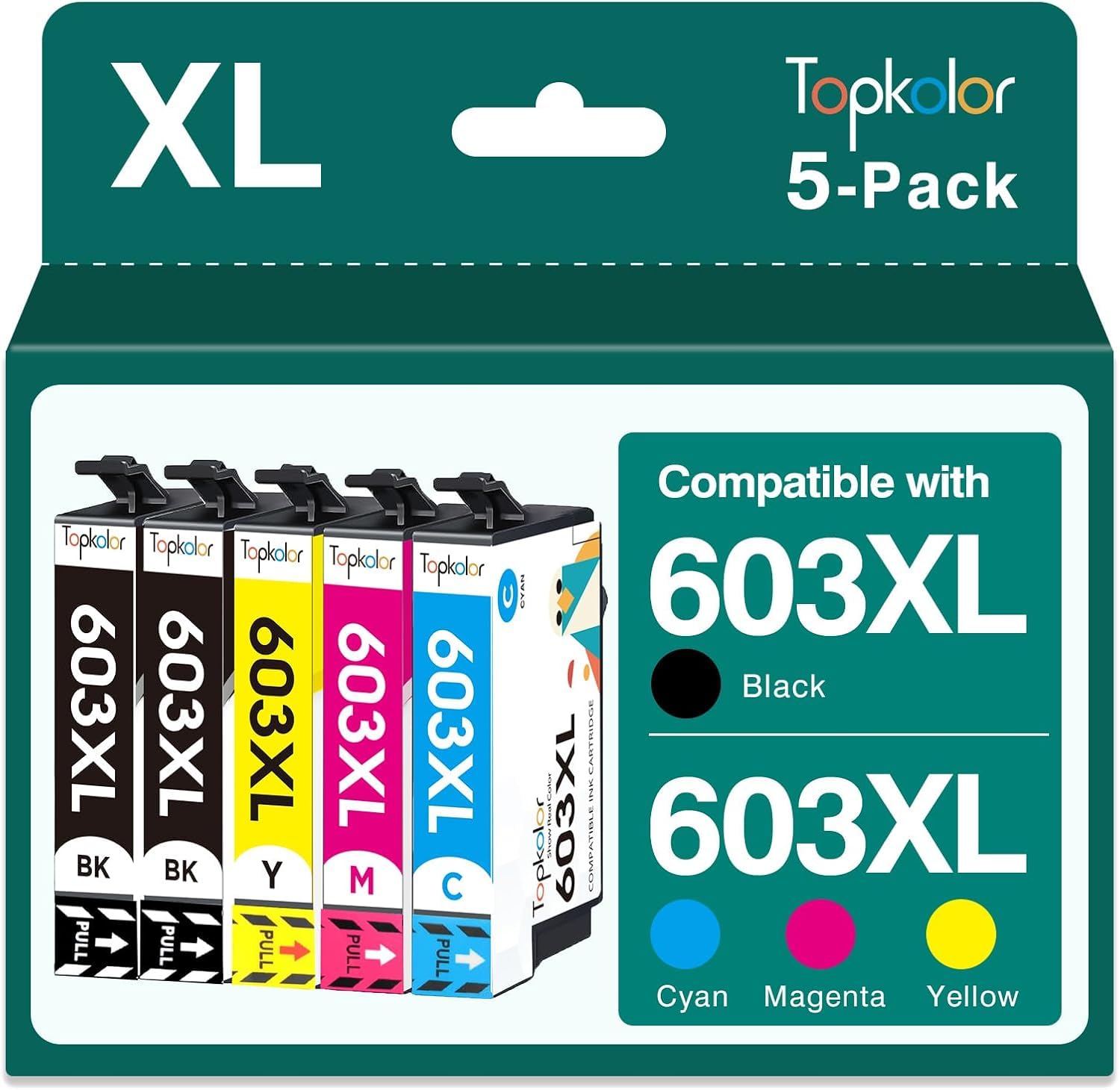 603XL Ink Cartridges Multipack Replacement for Epson 603 XL for Expression Home XP-3100 XP-4100 XP-2100 XP-2105 XP-3105 Workforce WF-2810 WF-2830 WF-2835 (Black Cyan Magenta Yellow，5-Pack)