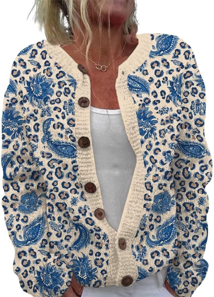 ZOCANIA Cardigan for Women Graphic Open Knit Sweaters Long Sleeve Button Down Cropped Cardigans Soft Winter Outwear