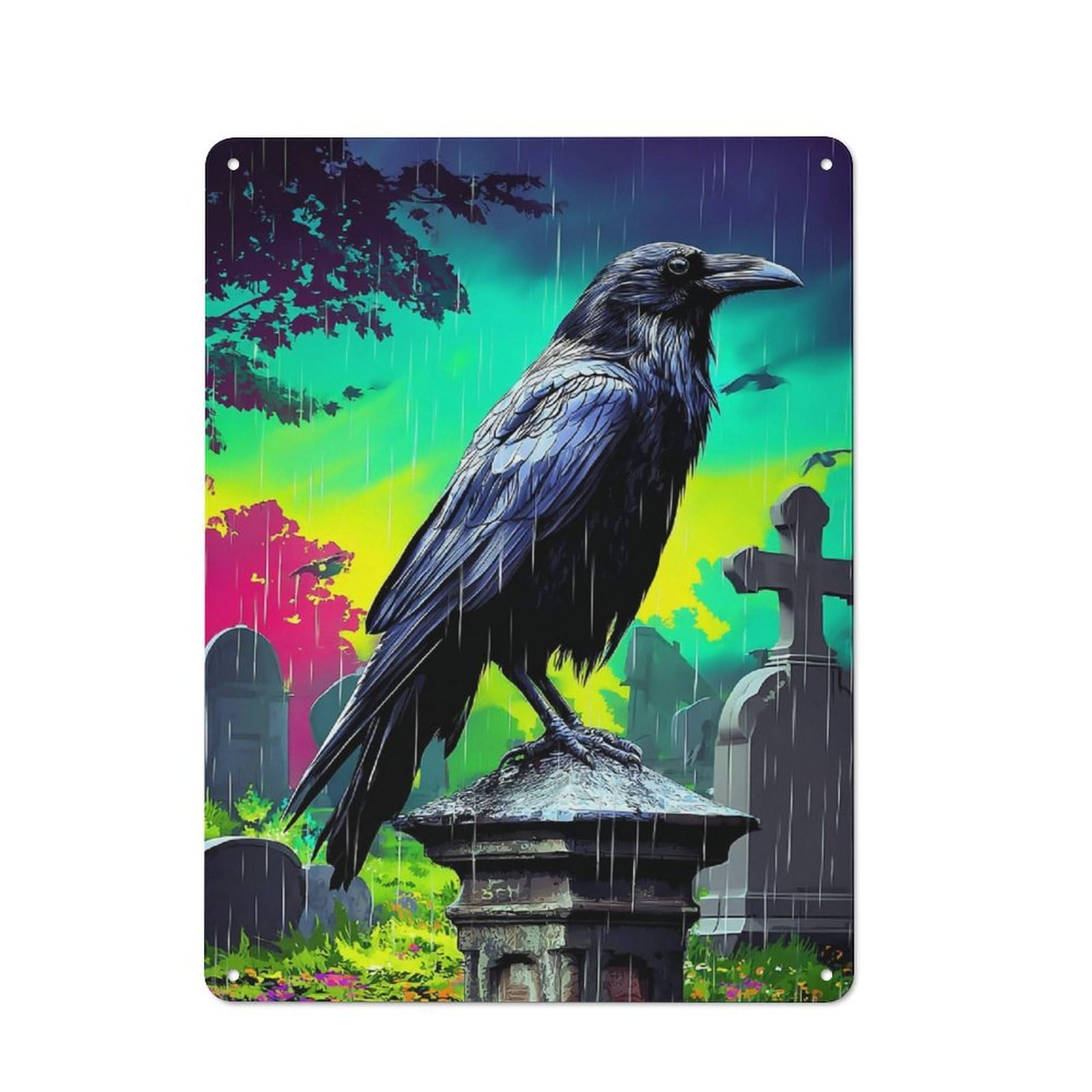 Junmoney Rainy Cemetery Raven Retro Metal Wall Sign 40X30cm For Hobby Room Or Studio, For Garage, Workshop And Man Cave Decoration
