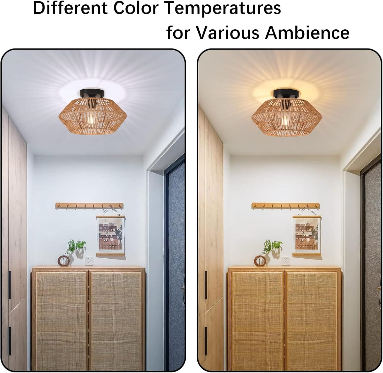 Rattan Ceiling Light, Boho Semi Flush Mount Ceiling Lighting Fixtures Hand-Woven Hemp Rope Cage Rustic Ceiling Lamp for Bedroom Kitchen Hallway Farmhouse (Brown)