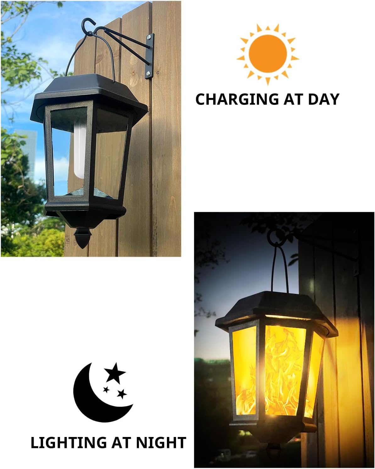 Solar Lanterns Outdoor Waterproof, Hanging Solar Lights with Glass Shade - 2 Pack LED Metal Wall Mount Outdoor Light for Yard/Garden/Patio - Flame