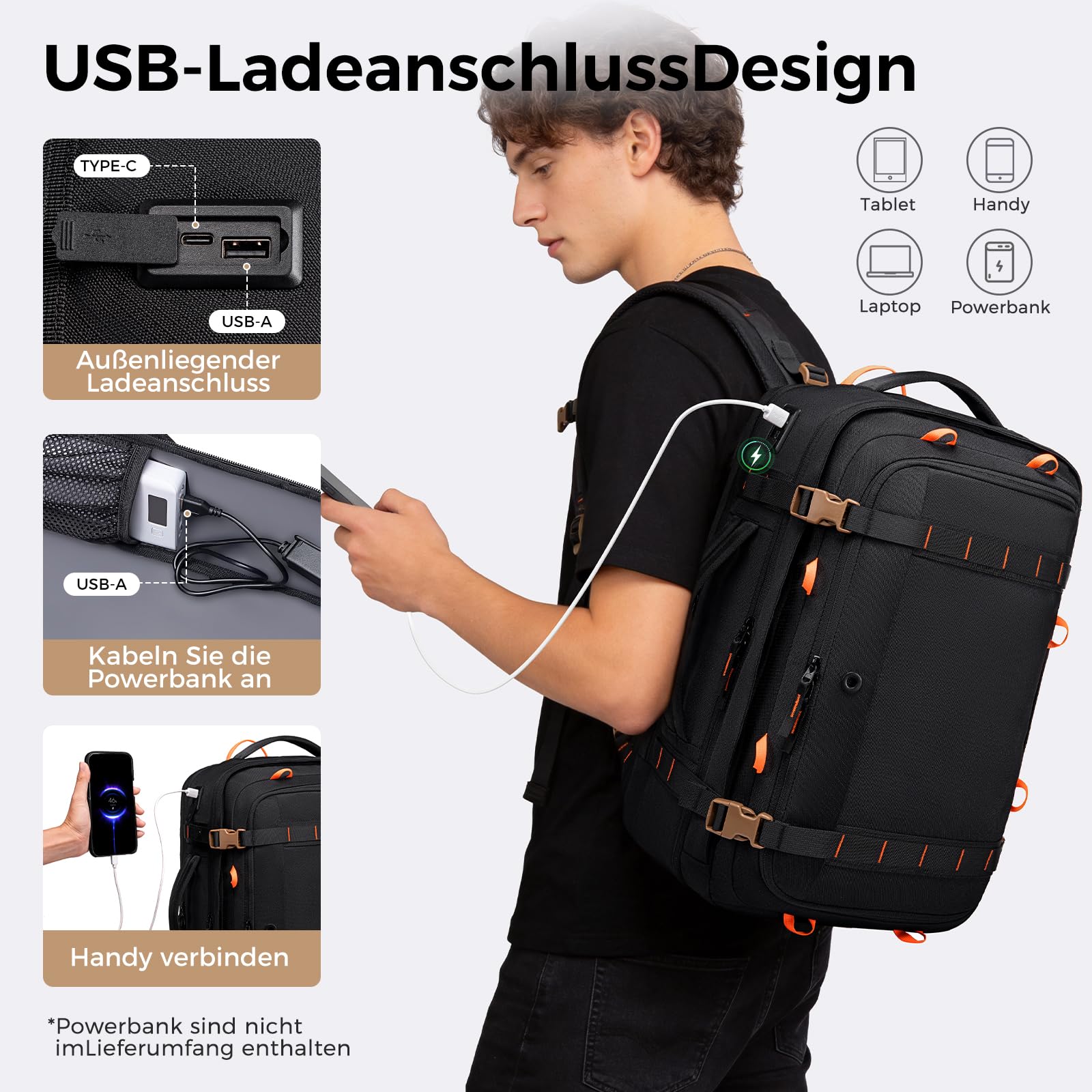 Fenree.geer Reiserucksack, Handgepäck Rucksack, Laptop Rucksack für 18.4 Zoll, Erweiterbar 49 L auf 59 L, Travel Backpack Damen & Herren für Flugreisen, Business, Weekender-Schwarz
