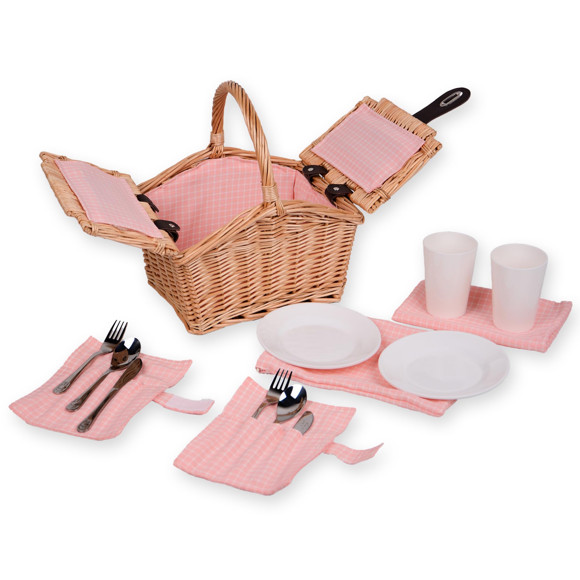 UNUS® Picknickkorb für Kinder rechteckig aus Weide mit Stoffauskleidung, Komplettset für 2 Personen mit Besteck, Tellern und Bechern, tragbarer Weidenkorb für Picknick und Ausflüge