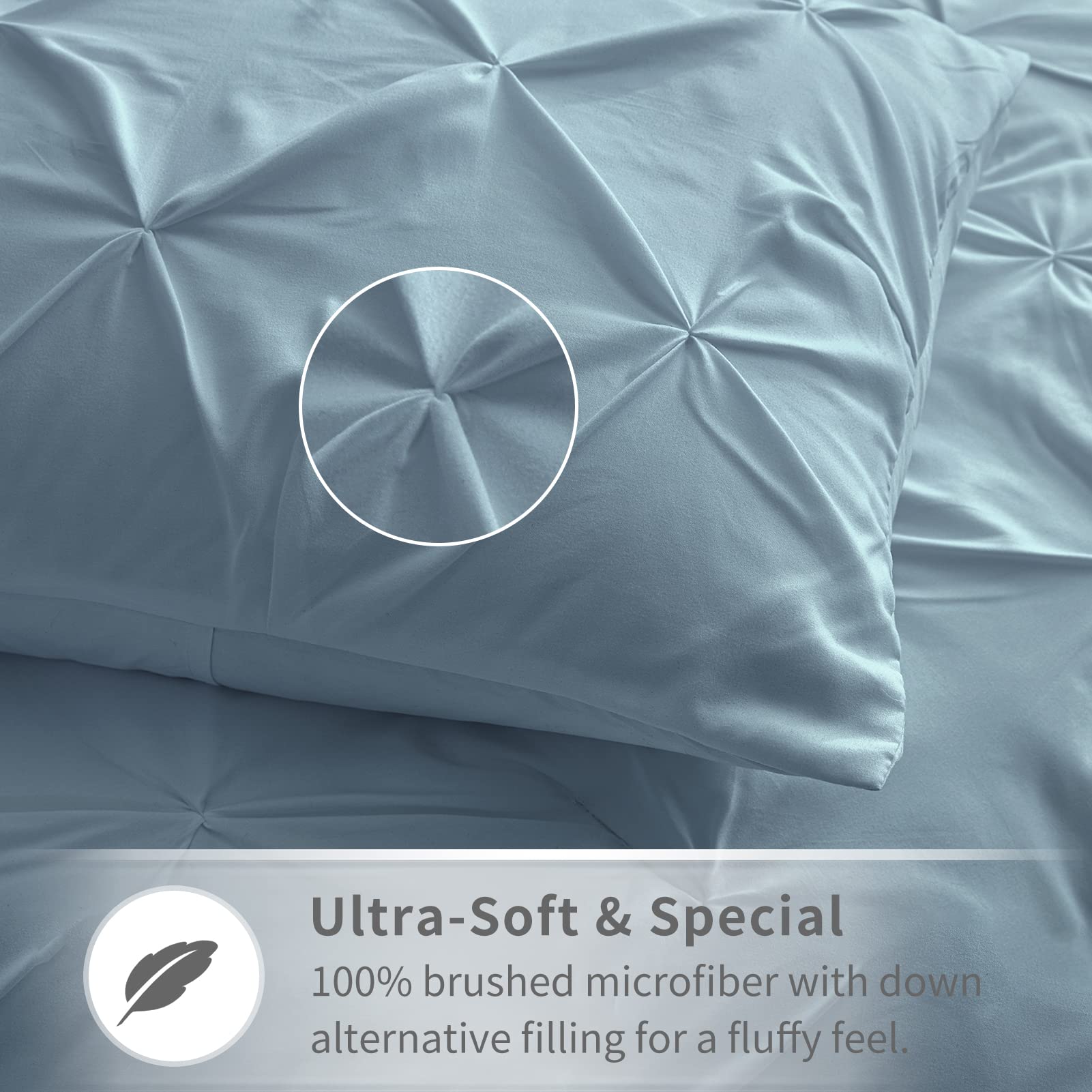 Maple&Stone Queen comforter set 7 Pieces Pinch Pleat Bed in A Bag, Pintuck with Comforter Sheets Pillowcases & Shams Bed Skirt, light blue Bedding for Queen