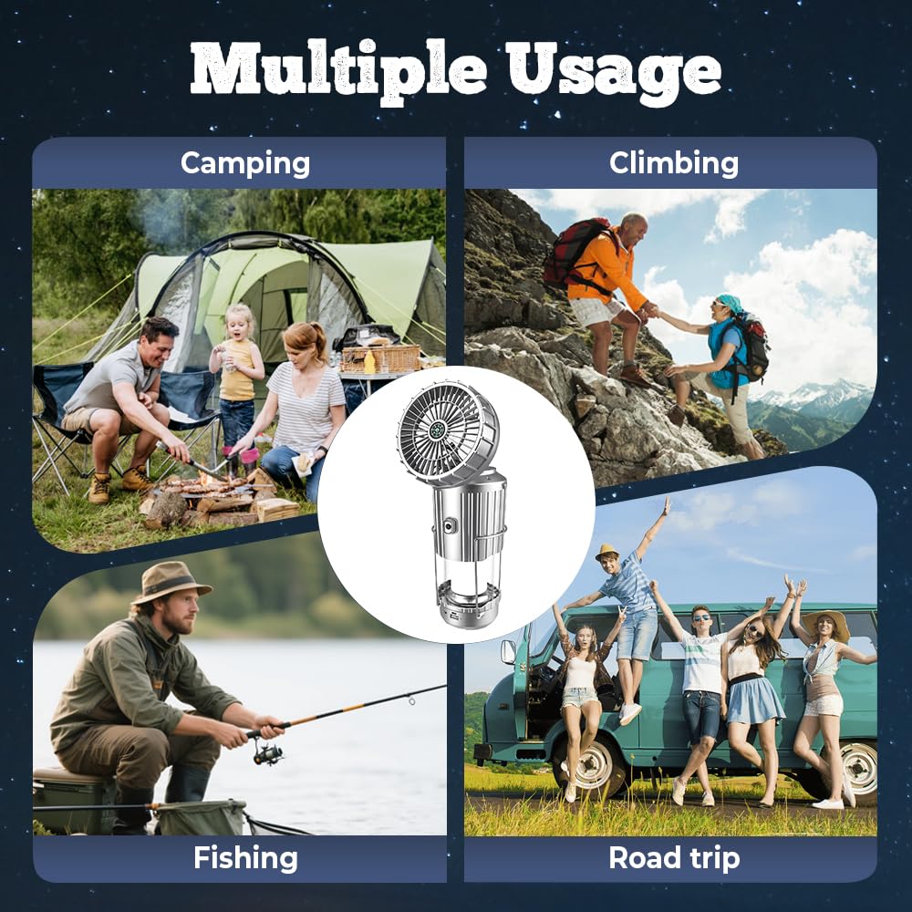 Lanterna da campeggio portatile a LED con ventilatore, ventilatore da campeggio solare di ricarica per telefono per tenda da campeggio, uragani, interruzioni di corrente, tempesta, per interni ed