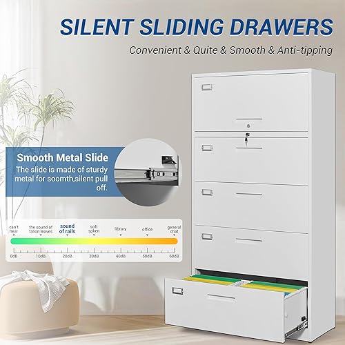 Miniatura 4 de Archivador lateral de 4 cajones con armario con cerradura  Armarios de llenado de acero de metal blanco para oficina en casa  Armario de