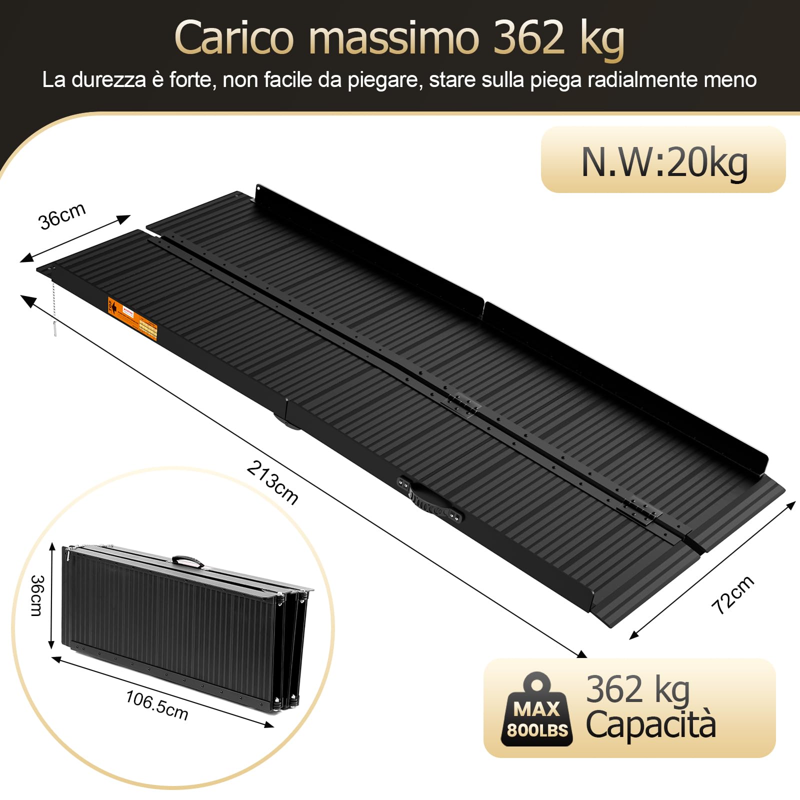 gardhom Rampa de Silla de Ruedas Plegable para escaleras 213,5 * 72 cm, Capacidad de Carga 362 kg rampa de Silla de Ruedas Antideslizante