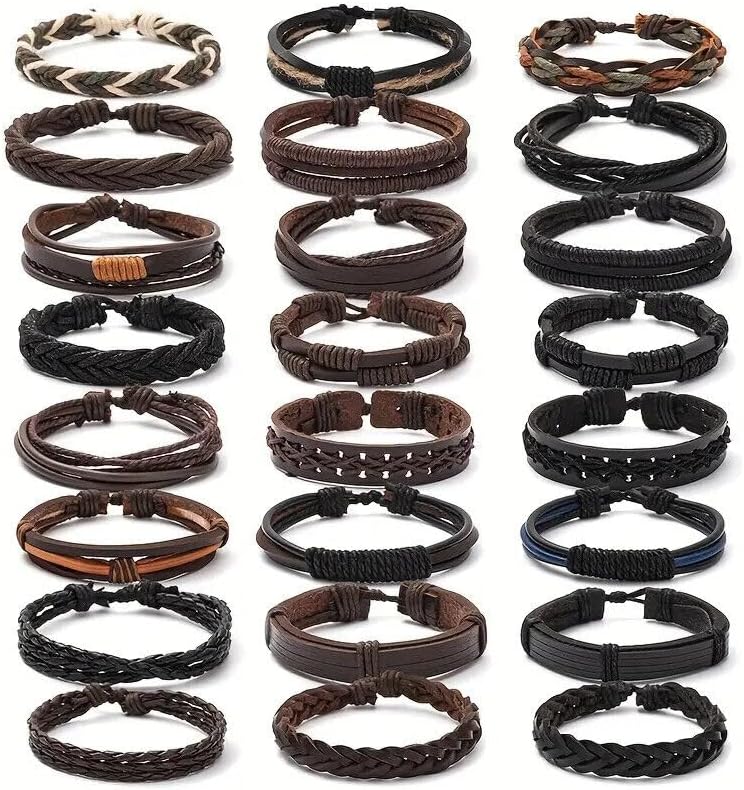 Pulsera ajustable de cuero trenzado para hombre, 24 unidades, Cuero, cuero