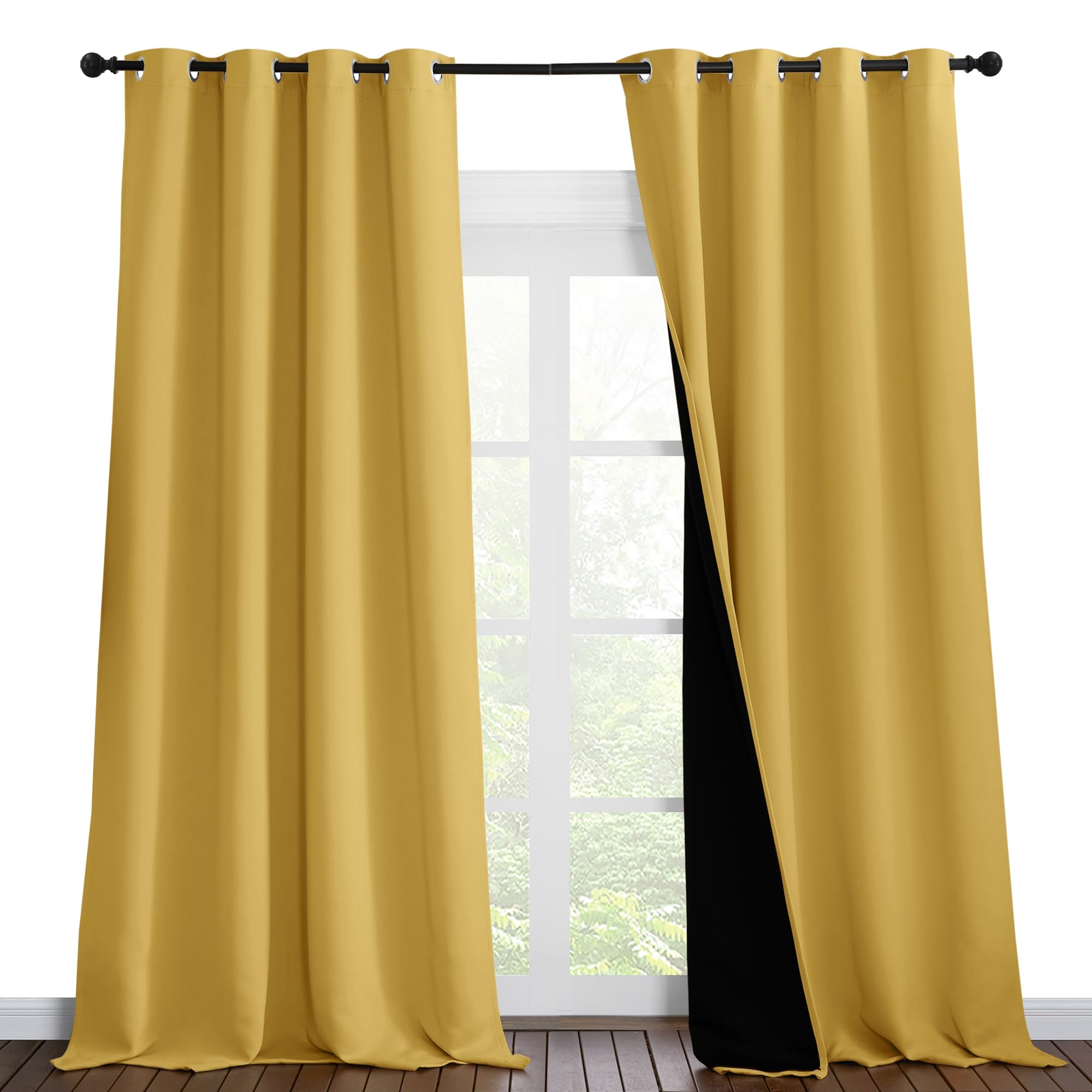 NICETOWN 100% Blackout Blinds, Set of 2, 52 inches x 102 inches, Laundry Room Decor Window Treatment Curtains for Large Patio Sliding Door, Thermal Insulated Bright Yellow Curtains for Bedroom