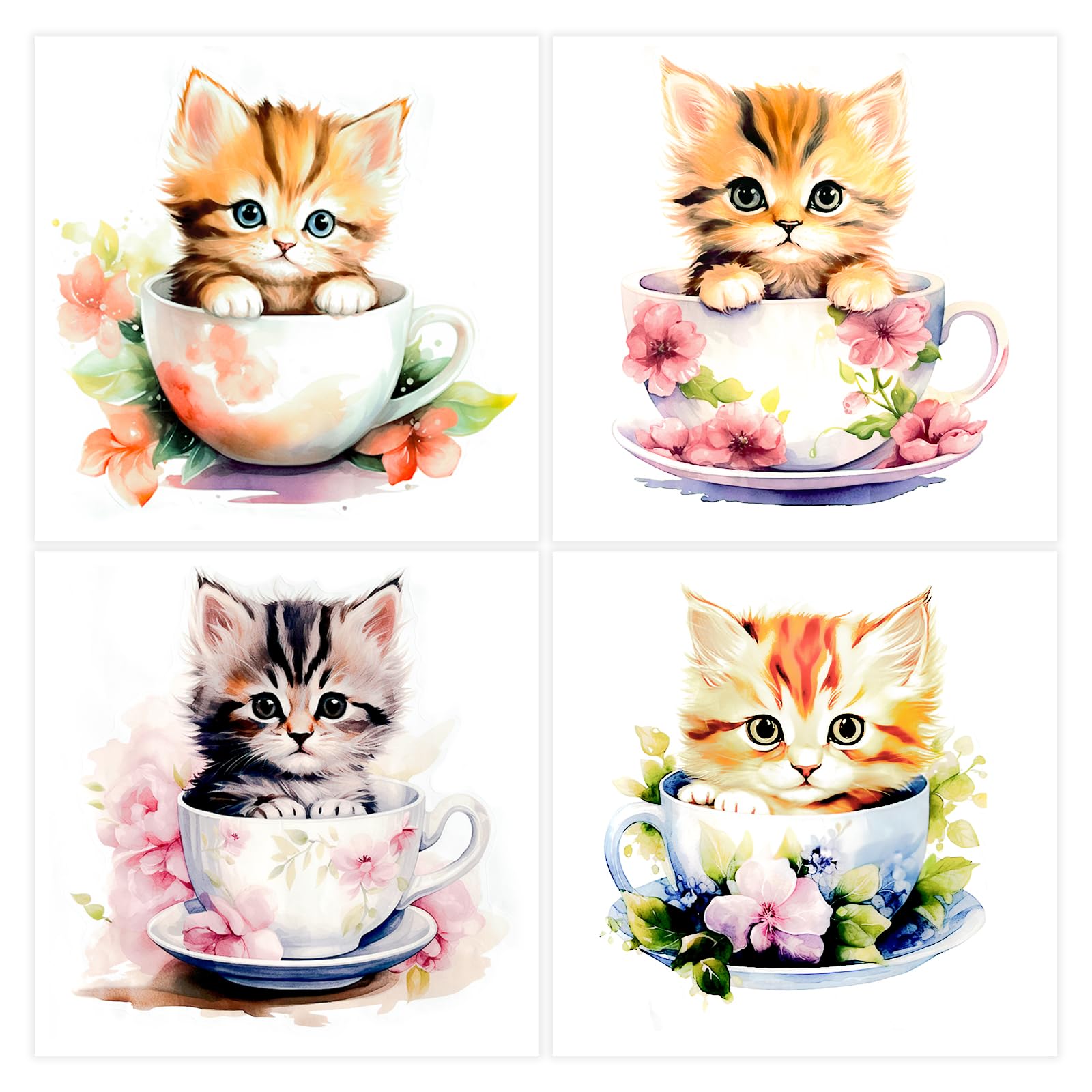 4 Piezas Pegatinas Pared Gato Autoadhesivas, 3D Gato Taza de Té Vinilos Decorativos, Retirable Vinilo Pared Infantil Gato Flor, Impermeable Vinilo Adhesivo Pared Infantil Gato, para Baño