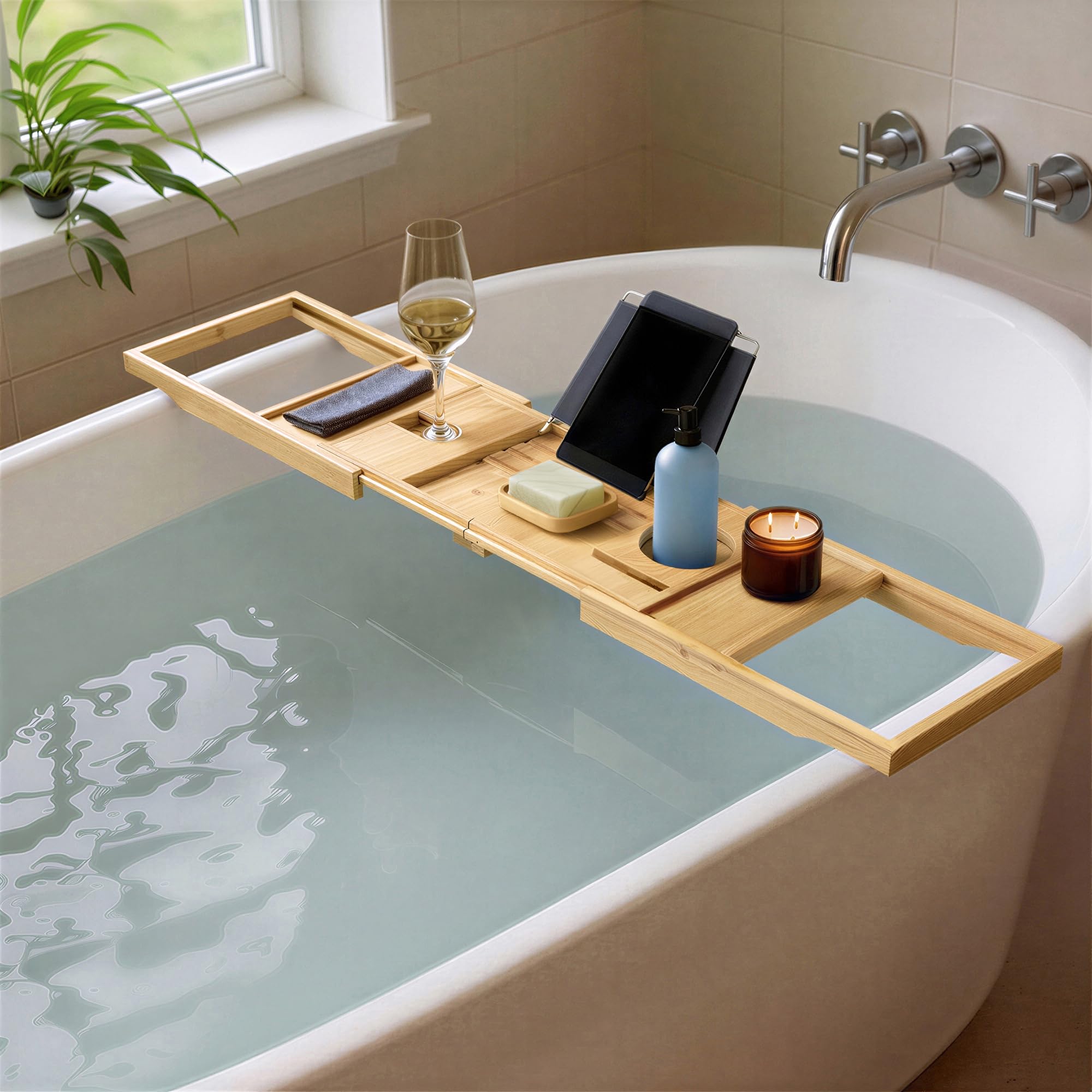 Amazon Basics Rectangular Bandeja de bañera Extensible de bambú