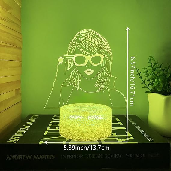 3D Illusion Night Light for Kids Bedroom, Taylor Theme 16 Colors LED Night Lamp, Dimmable Touch & Remote Control Optical 3D Visual Light, USB/Battery Powered Safe Nightlight for Boys Girls Fans Gift [Energy Class A]