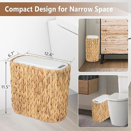 Miniatura 5 de Bote de basura de cocina bohemio con tapa, cubo de basura pequeño automático de ratán de 3.5 galones, cubo de basura delgado con sensor