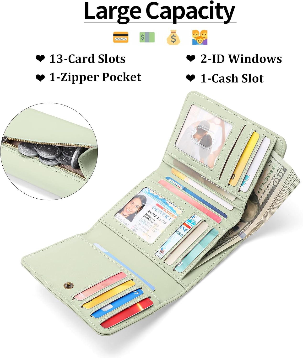 GAEKEAO Small Wallets for Women Leather RFID Blocking Trifold Ladies Wallets Credit Card Holder with Zipper Coin Pocket - Image 2