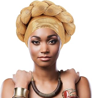 Gold African Women Turban Head Cap, Twisted Beaded Braid Pre-Tied Head Scarf, Stretchable Elastic Head Wrap Hat for Women Girls Hair Cover(Style 1)