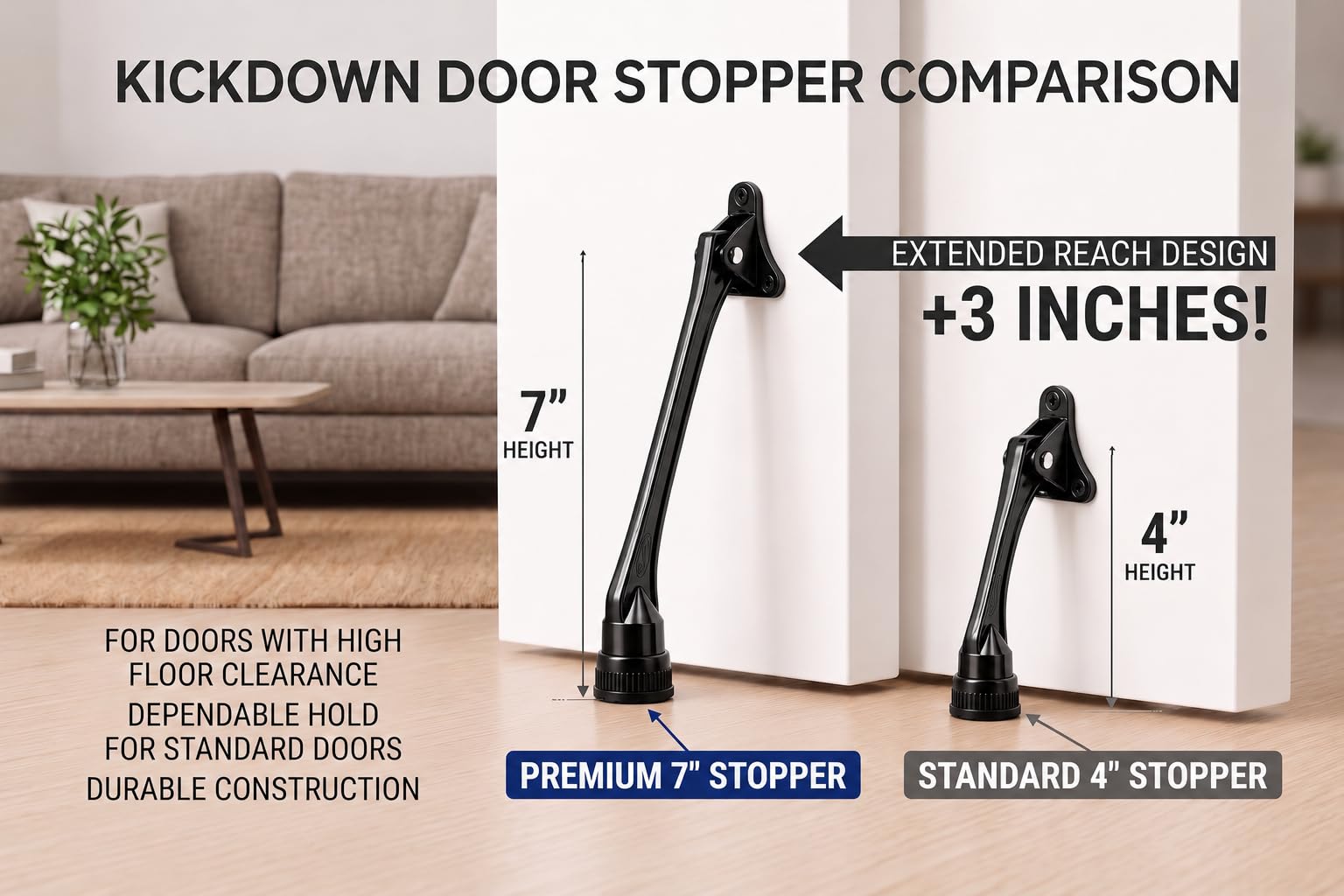 HOME&I Stoper do drzwi, 18 cm komercyjny uchwyt do drzwi, podpórka do drzwi kopanych, gumowa nóżka, 2 szt., czarne