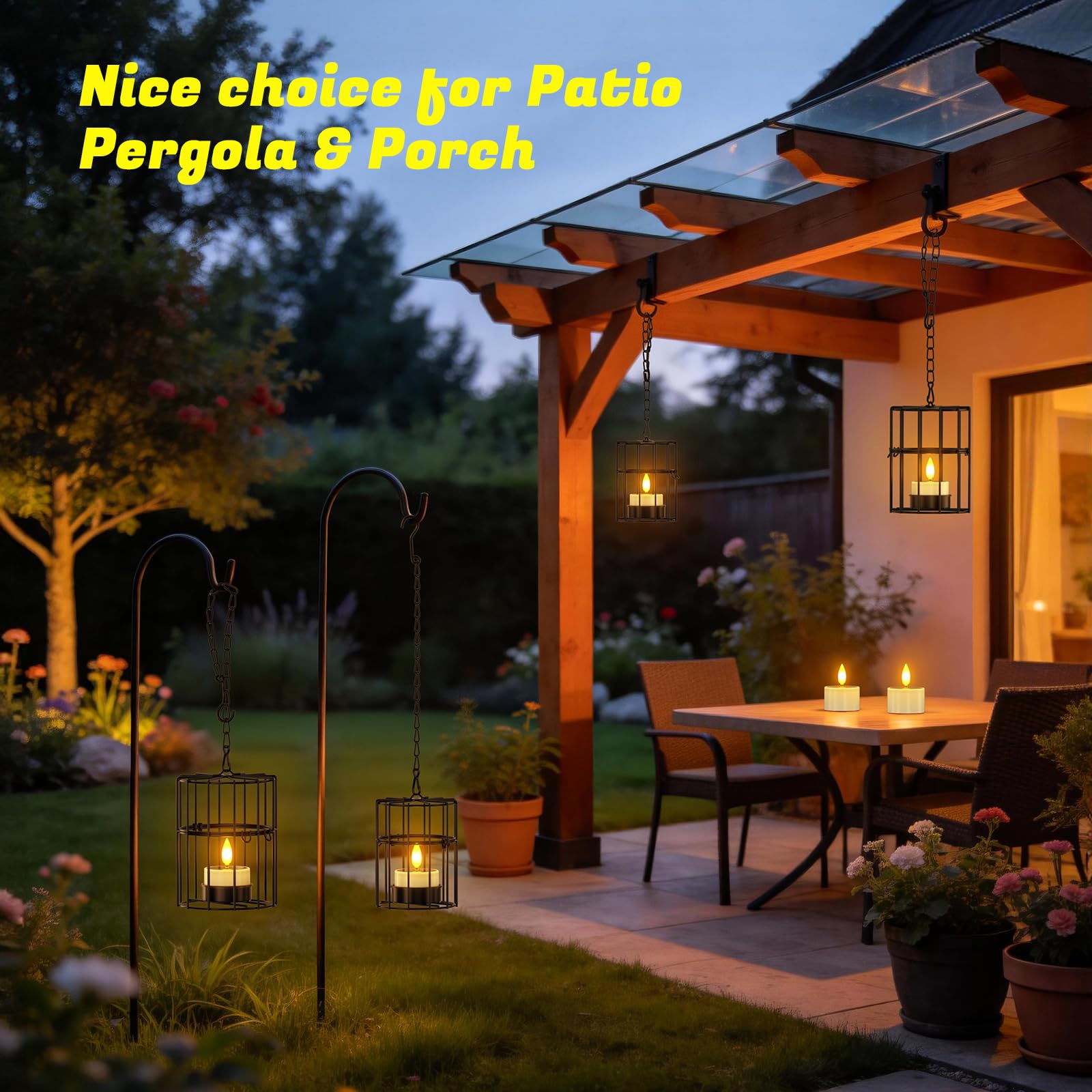 PChero Set di 4 lanterne solari sospese per esterni, impermeabili, 2 grandi, 2 piccole lanterne rustiche in metallo con tremolante, candele solari per esterni, giardino, terrazza, balcone, decorazione