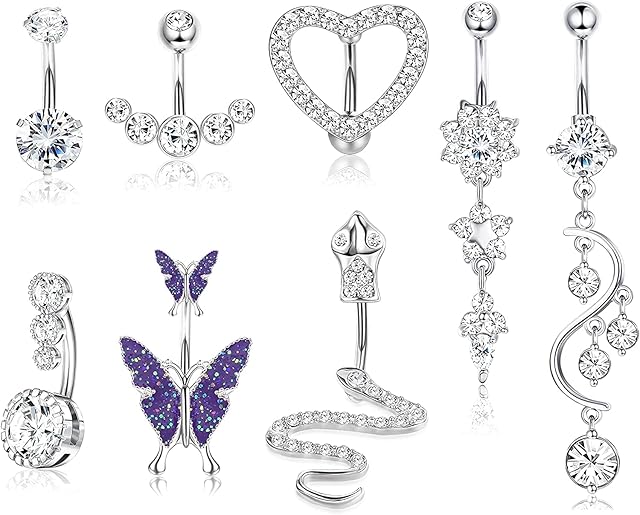 ADRAMATA 8Pcs 14G Belly Button Bars 316L Surgical Stainless Steel Belly Button Piercing Dangly Cubic Zirconia Snake Butterfly Heart Dangle Belly Bar 10mm