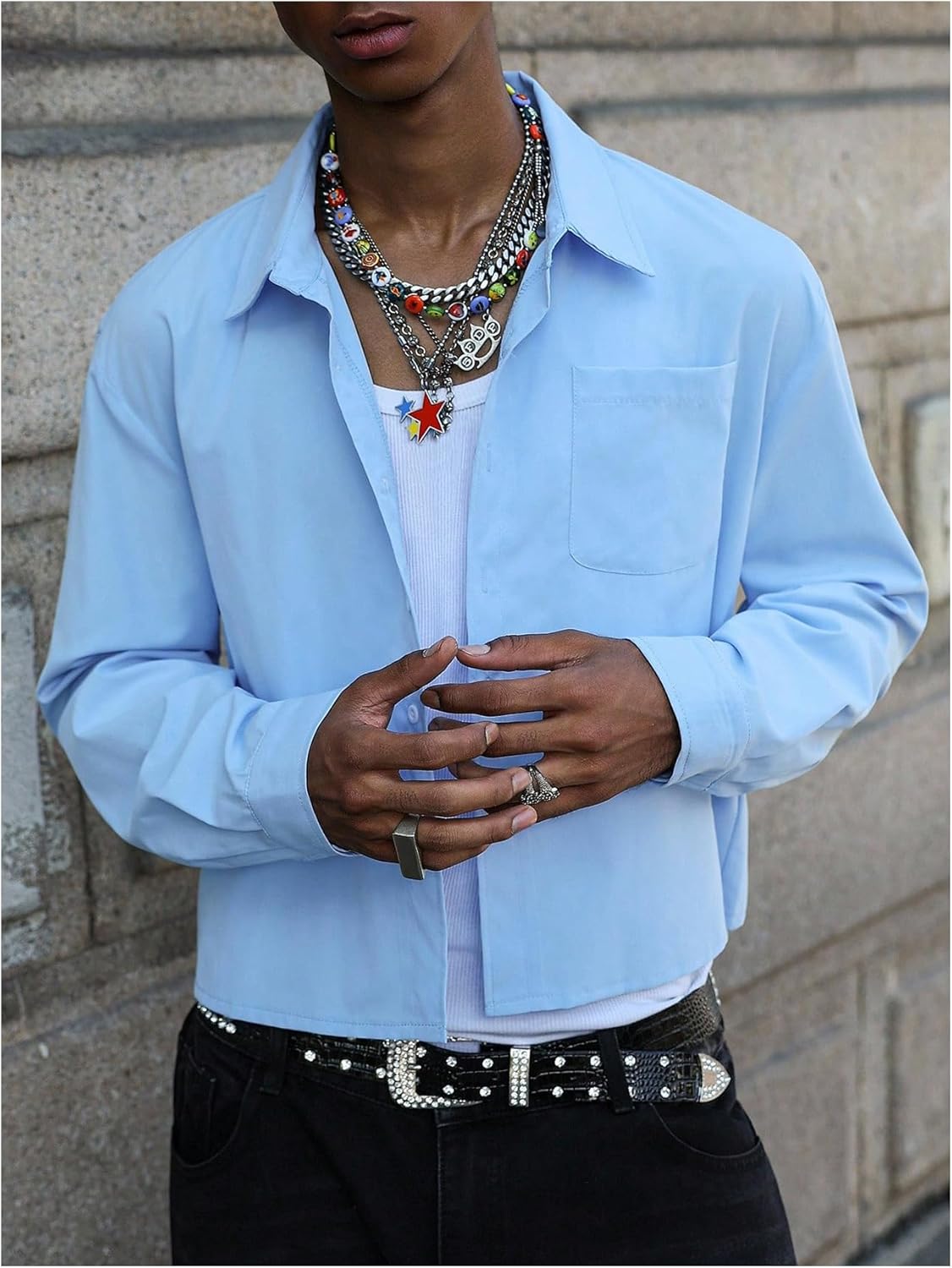 GORGLITTER Men's Cropped Button Up Shirt Vintage Long Sleeve Collared Cool Boxy Casual Streetwear Crop Top - Image 5