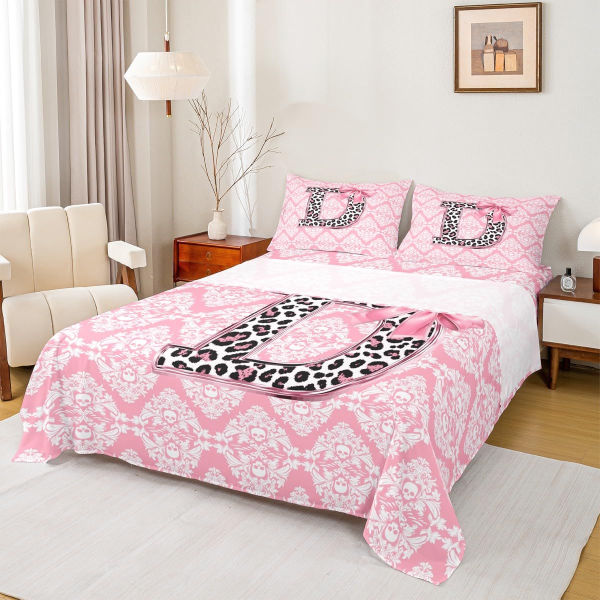 Homewish Juego de sábanas con letra inicial con estampado de leopardo, doble decoración antigua, calavera, damasco, gótico, ropa de cama personalizada con letra D, lazo rosa, juego de sábanas florales