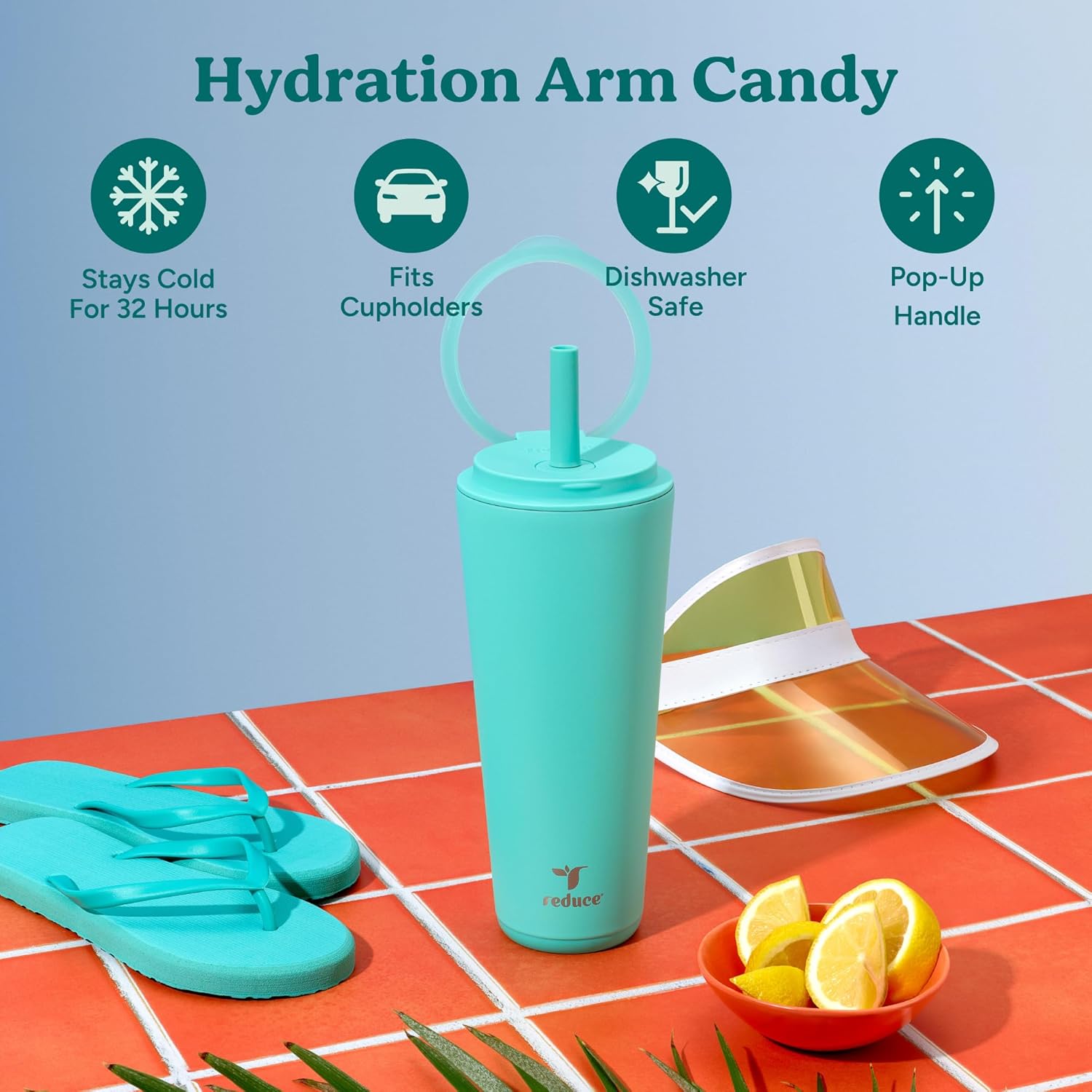 REDUCE Halo 32 oz Stainless Steel Vacuum Insulated Tumbler - Spill Proof Travel Mug with Flip Handle Lid - Keeps Drinks Cold for 32 Hrs - Dishwasher Safe - Cupholder Friendly - Ocean Breeze - Image 2