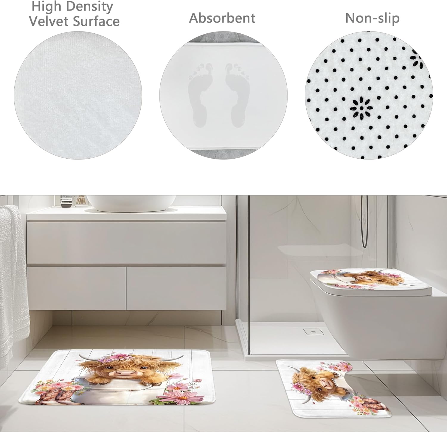 Riyidecor Funny Highland Cow 4Pcs Bathroom Shower Curtain Sets Pink Cute Daisy Floral Western Bathroom Decor Set with Rugs and Accessories Rustic Toilet Lid Rug, Contour and Bath Mat with 12 Hooks