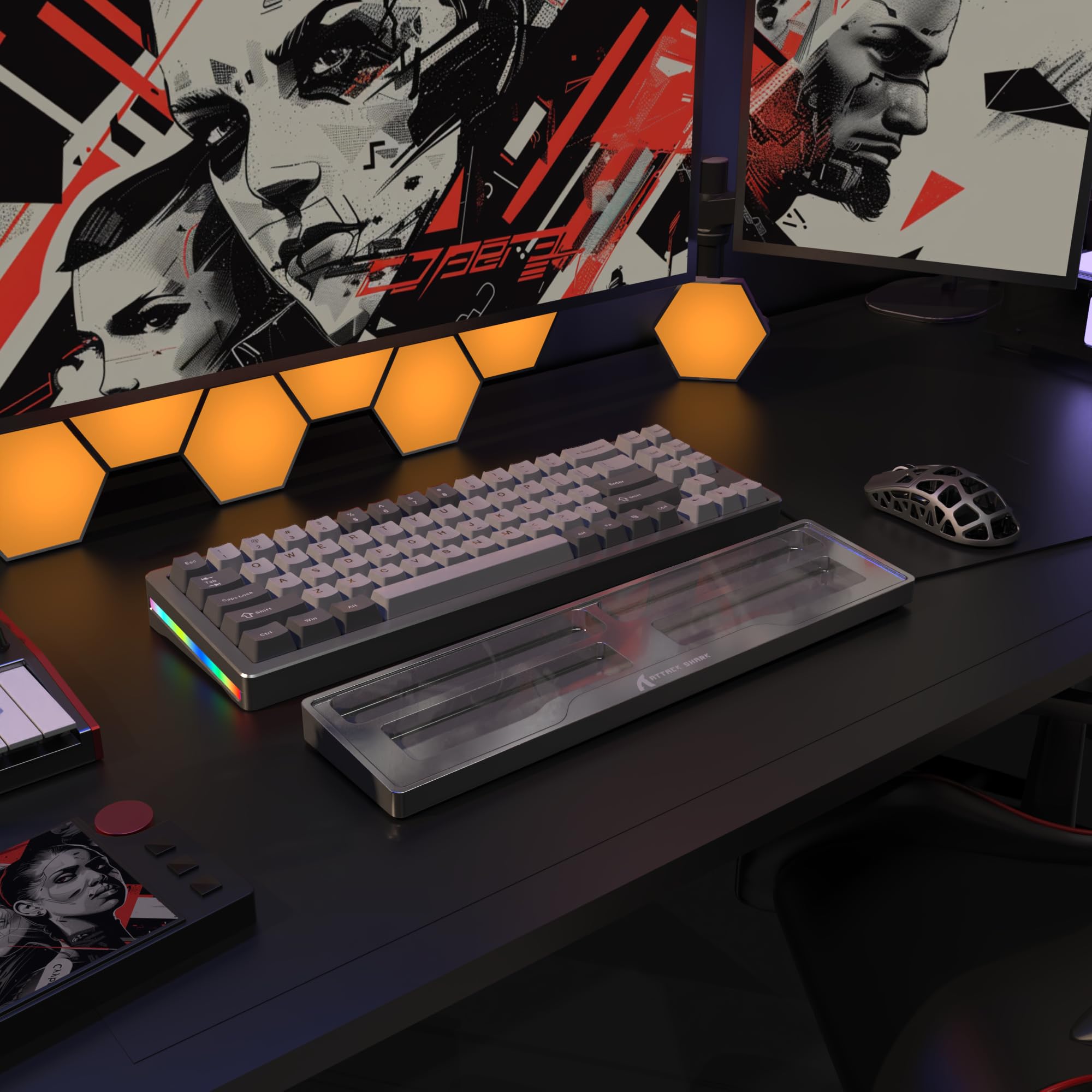 ATTACK SHARK Podkładka Podkładka Pod Nadgarstki do Klawiatury CNC z Aluminium z Przegródką na Przechowywanie, 2 Nakładki z Przezroczystego Akrylu, Ergonomiczne, Idealne do Biura/Domu - Srebrna