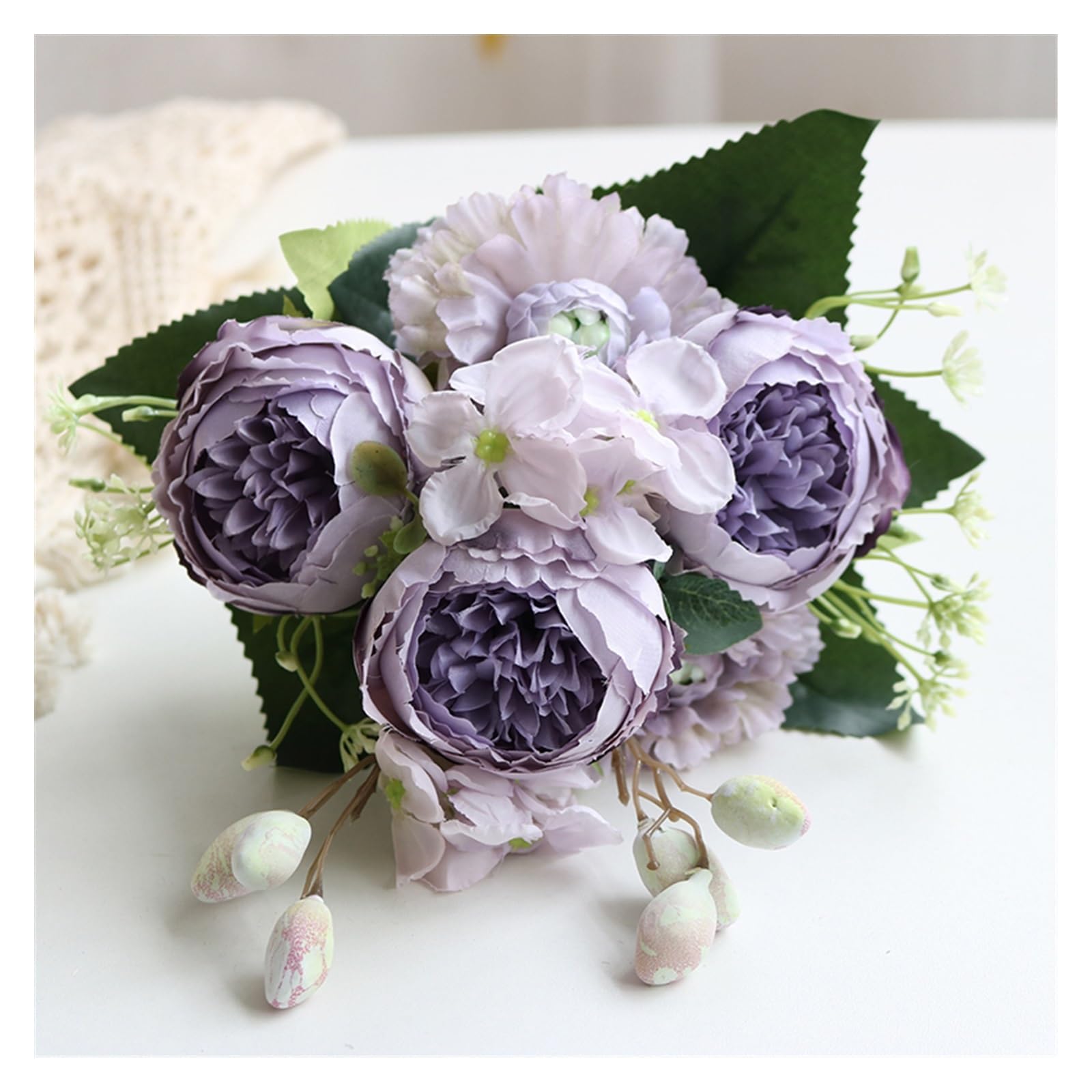 Gv8pA5fj7b Ready Arranged Flowers in Vase White Silk Rose Artificial Flowers Bouquet Wedding Home Decoration Fake Peony Flower Arrangement(B)